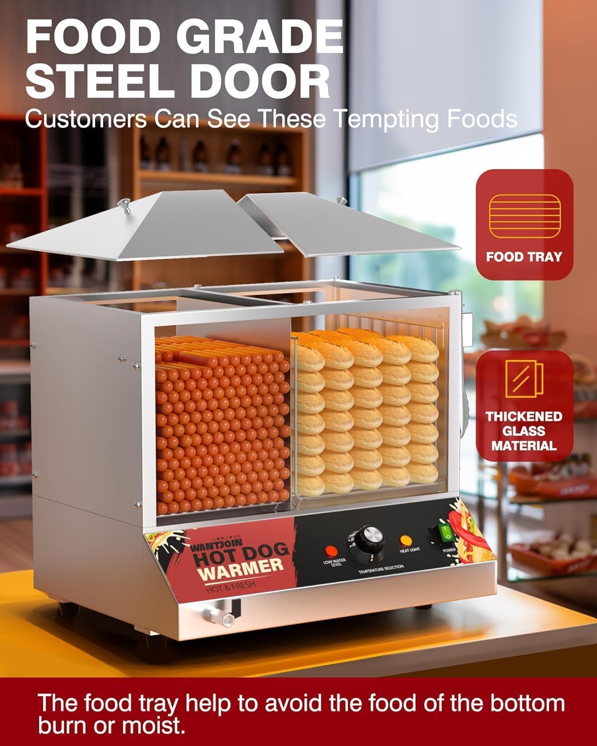 Commercial Hot Dog Steamer 36L/38QT with Bun Warmer - Stainless Steel Cabinet & Tempered Glass - Holds 200-275 Sausages & 45 Buns - 1200W for Restaurants, Food Trucks, and Catering Events