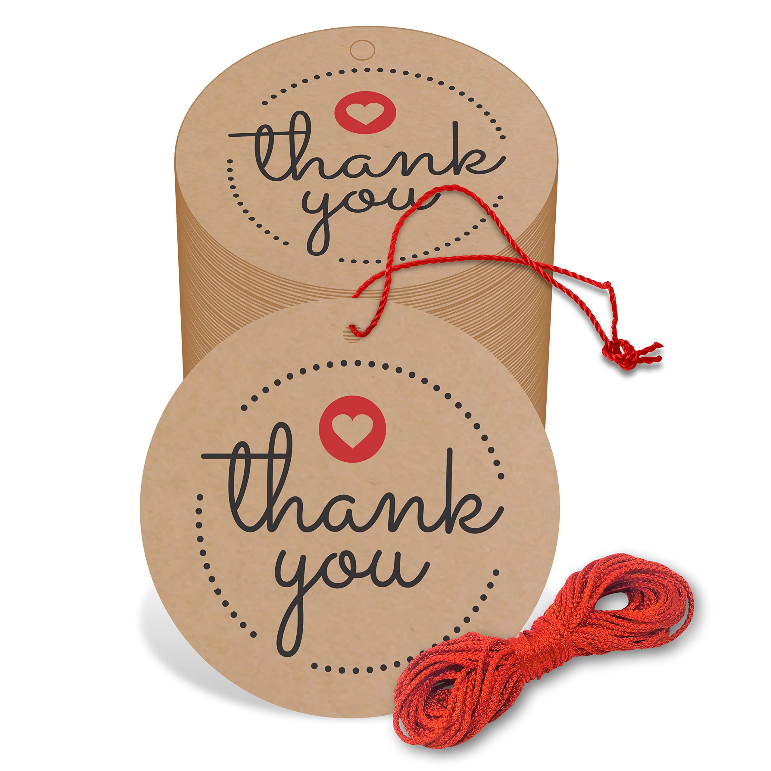 50 Pack Eco-Friendly Kraft Paper Thank You Cards & Gift Tags - Wedding, Birthday Party Favors, Handmade Brown Tags with Thread (Design 5) - Perfect for DIY Events, Baby Showers & Corporate Gifts