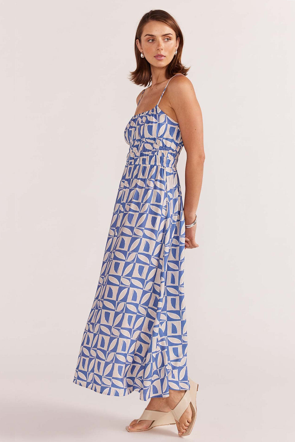 Alto Blue Geo Print Strappy Midi Sundress - Flowy Summer Dress for Women, Beach Cover Up, Vacation Outfit, Boho Chic Dress for Outdoor Parties & Date Nights