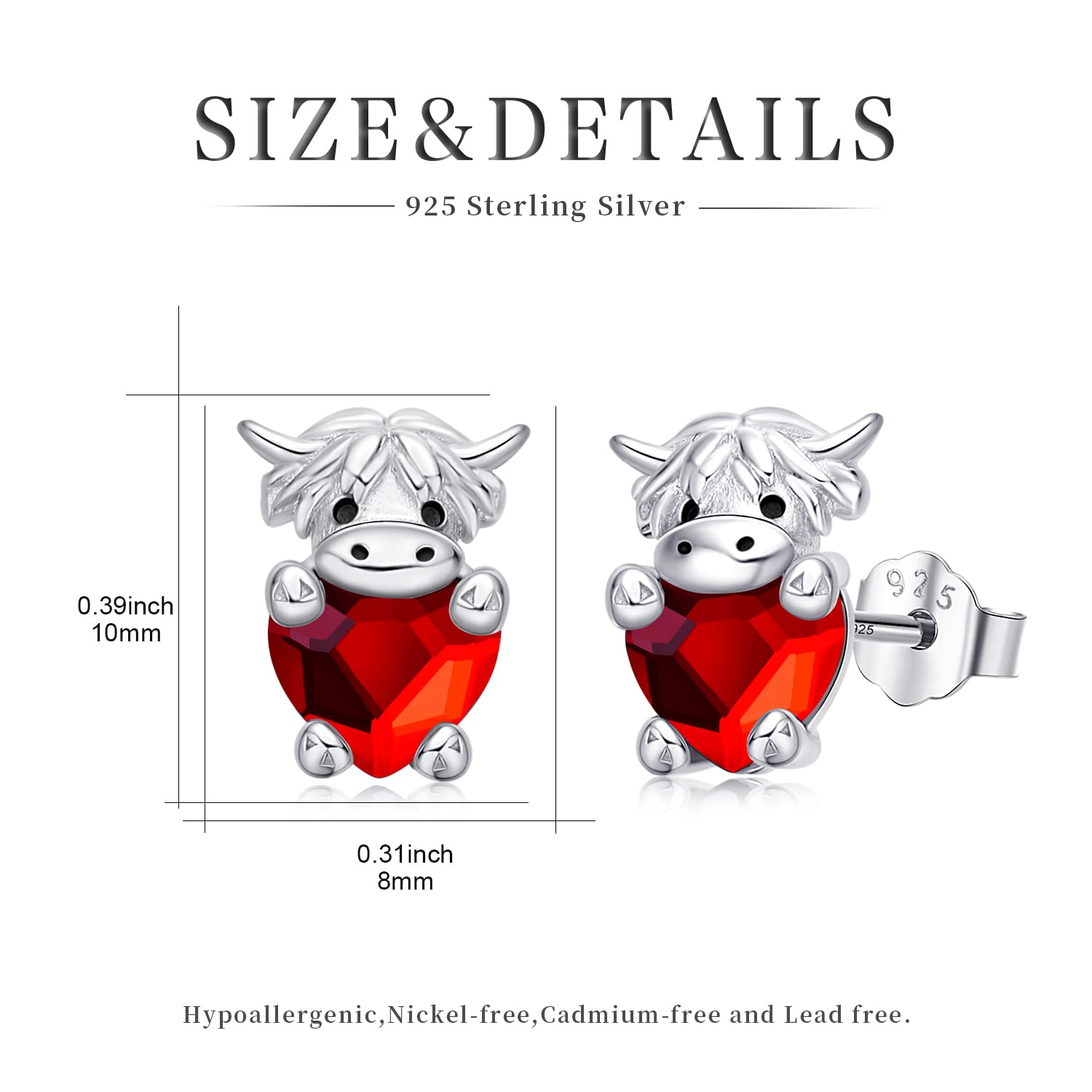 JUSTKIDSTOY 925 Sterling Silver Highland Cow Stud Earrings with Birthstones - Cute Animal Jewelry for Women, Girls, Daughter & Girlfriend - Perfect Birthday Gift for Cow Lovers & Farmhouse Style Fashion Accessories