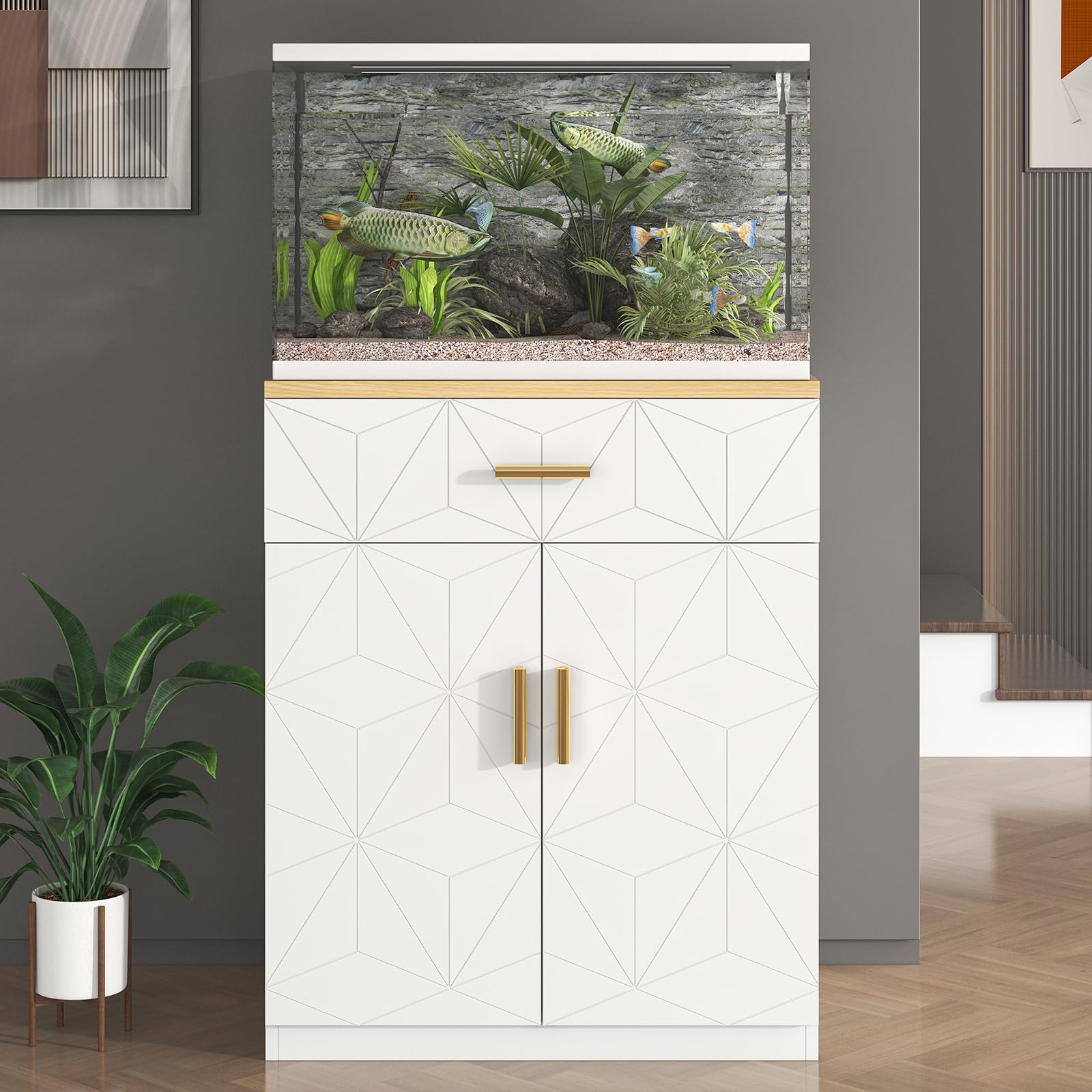 20 Gallon Fish Tank Stand with Charging Station & Storage - White Aquarium Cabinet with Drawer - Sturdy 10 Gallon Tank Table for Living Room, Bedroom or Office Decor