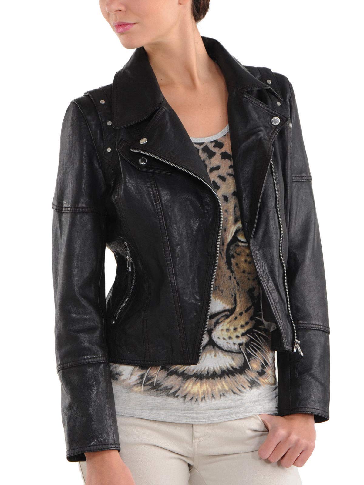 Women's Real Leather Motorcycle Jacket - Stylish Quilted Bomber Biker Jacket for Women (Black) | Perfect for Riding, Casual Wear & Night Out