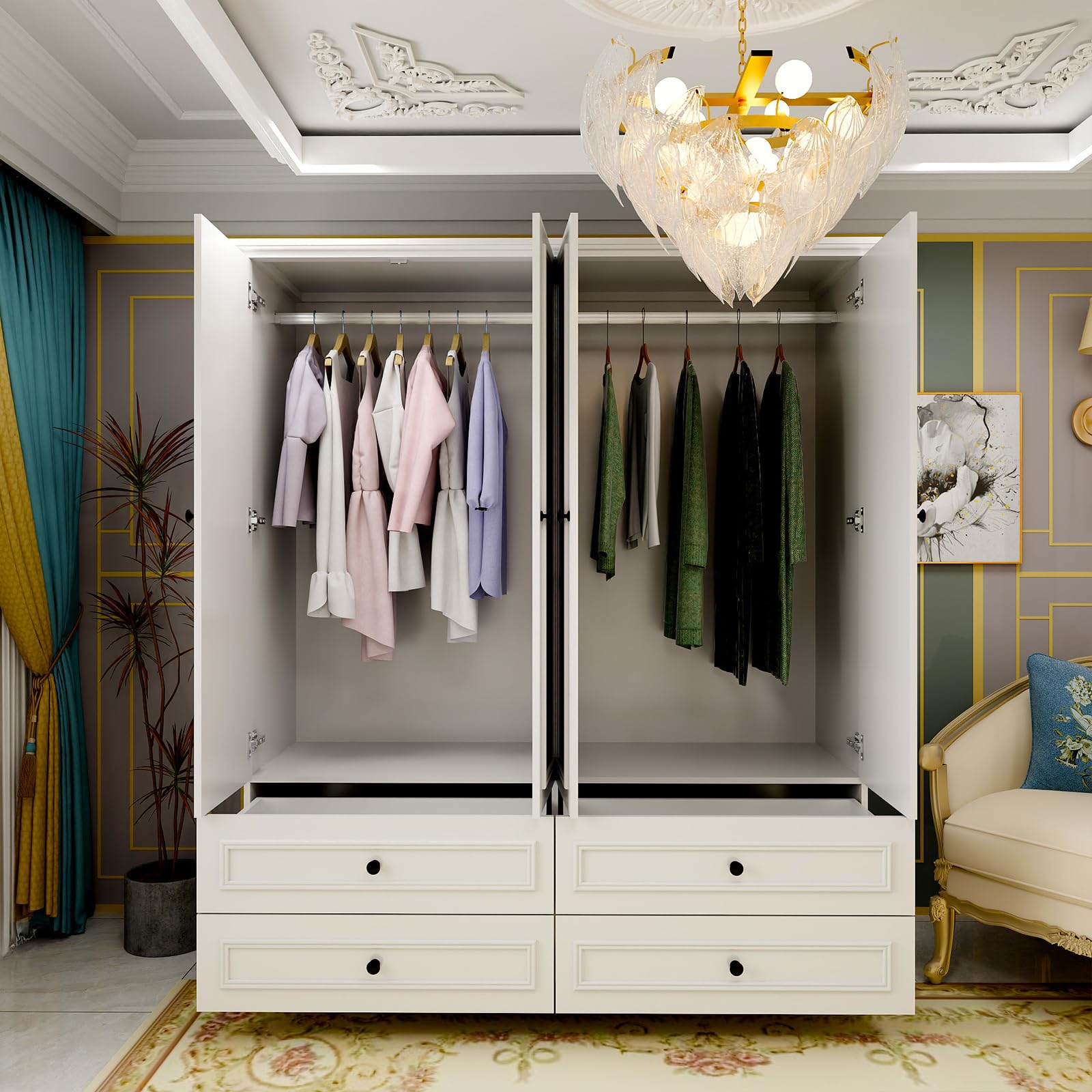 Modern White 4-Door Wooden Armoire Wardrobe with Mirror & Hanging Rod - Spacious Bedroom Storage Cabinet for Clothes & Accessories | Perfect for Master Bedroom, Guest Room & Dorm Organization