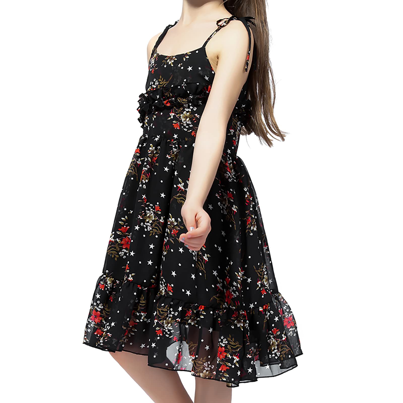 Freebily Girls Summer Floral Chiffon Dress - Spaghetti Strap Off Shoulder Bohemian Sundress with Ruffle Trim for Beach, Vacation & Outdoor Parties