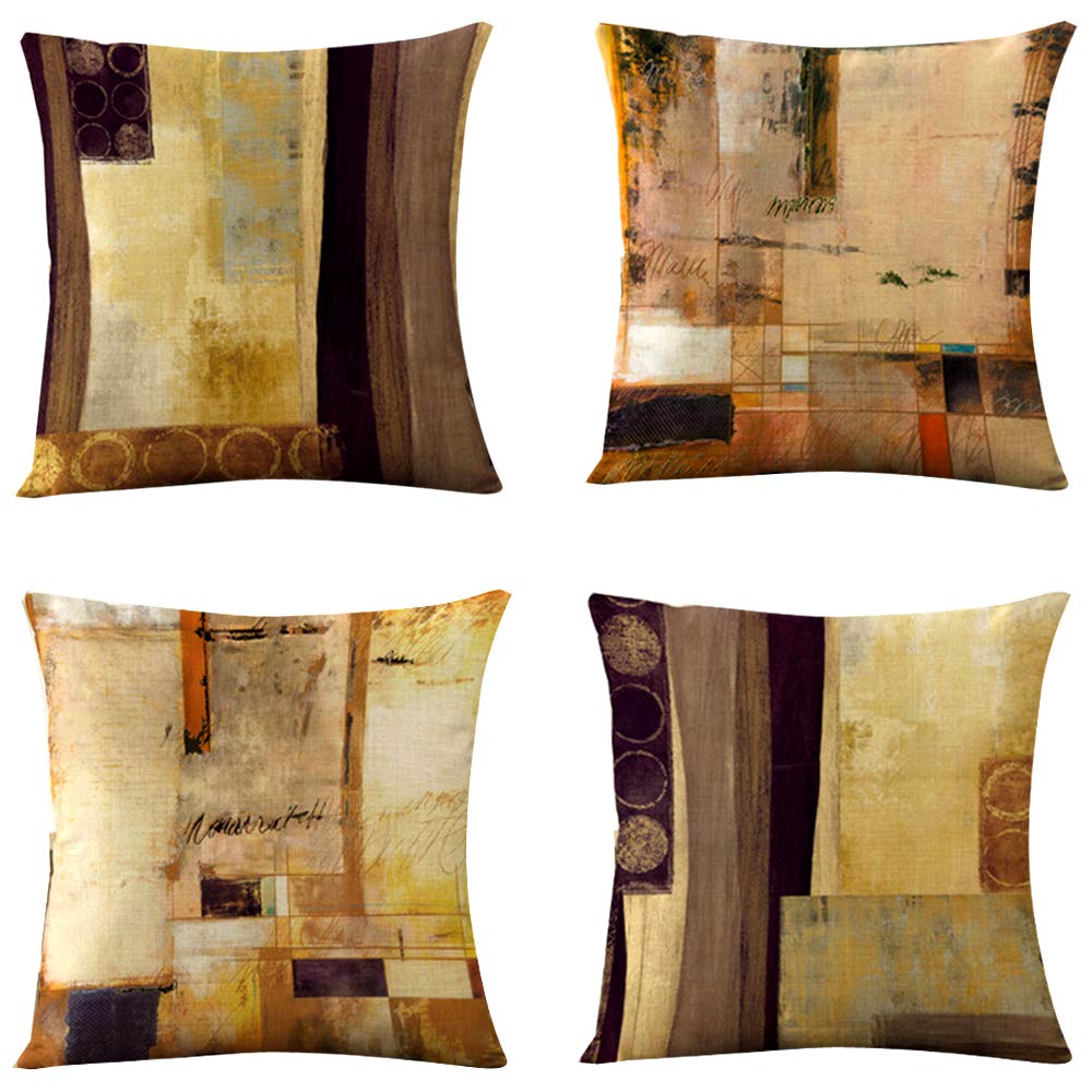 Modern Geometric Throw Pillow Covers Set of 4 - 18x18 Inch Vintage Style Decorative Cushion Cases for Sofa, Living Room & Bedroom - Perfect for Home Decor, Cozy Reading Nook and Accent Pillows (Blocks Design)