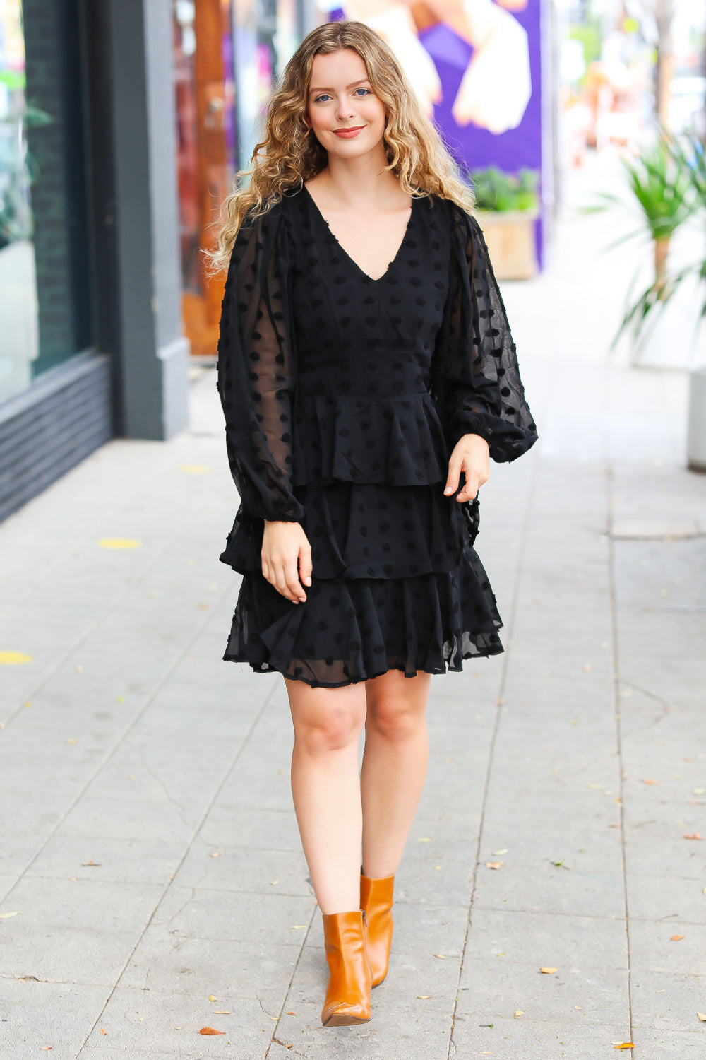 Holiday Vixen Black Chiffon Swiss Dot V-Neck Tiered Ruffle Dress - Elegant Party Gown for Christmas, New Year & Special Occasions