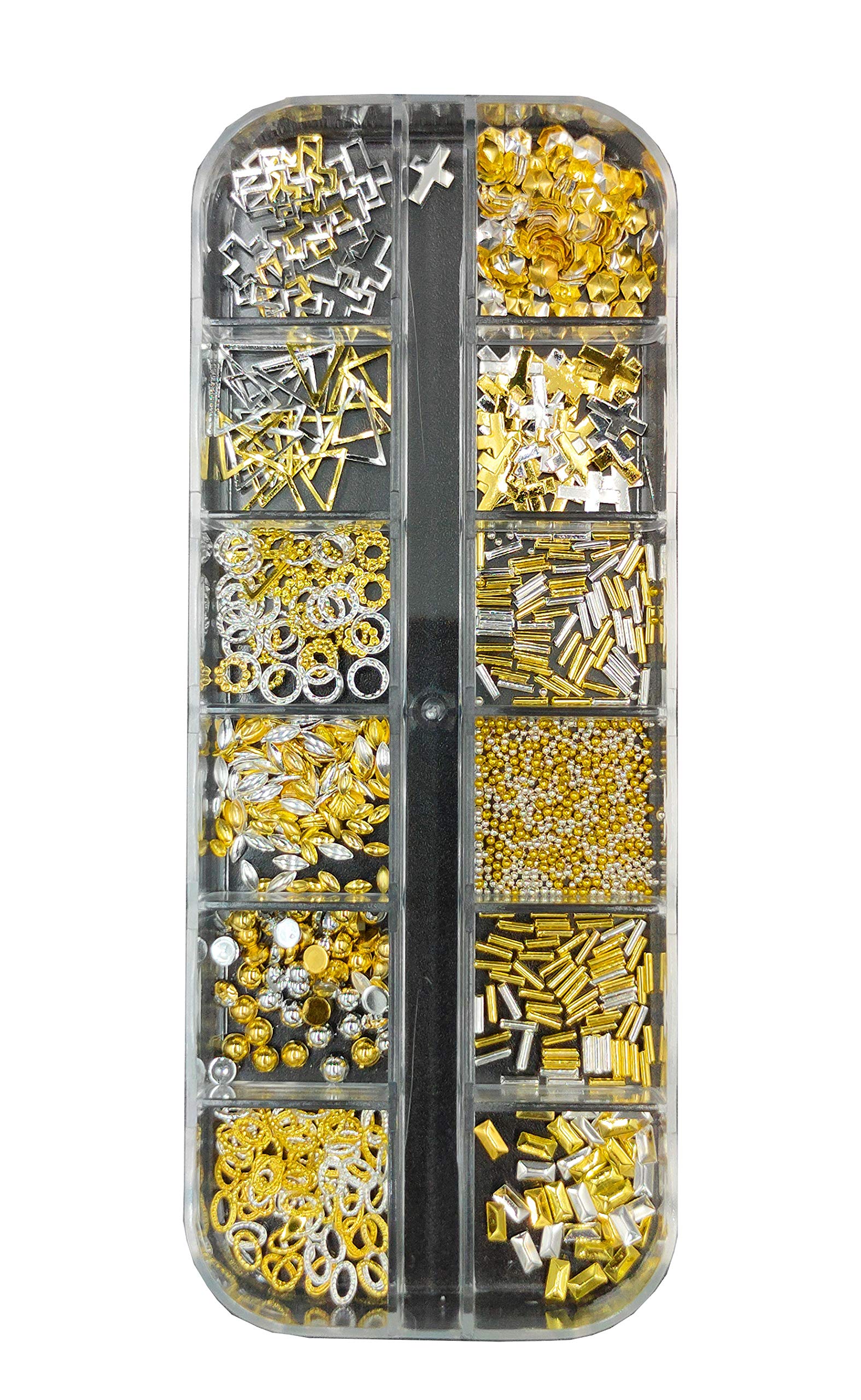 S.A.V.I 1 Palette - 12 Styles DIY Nail Art Alloy Accessories Kit for Manicure (Gold & Silver Mixed Shapes Decorations) - Perfect for Home Salon, Nail Art Enthusiasts & Professional Nail Technicians