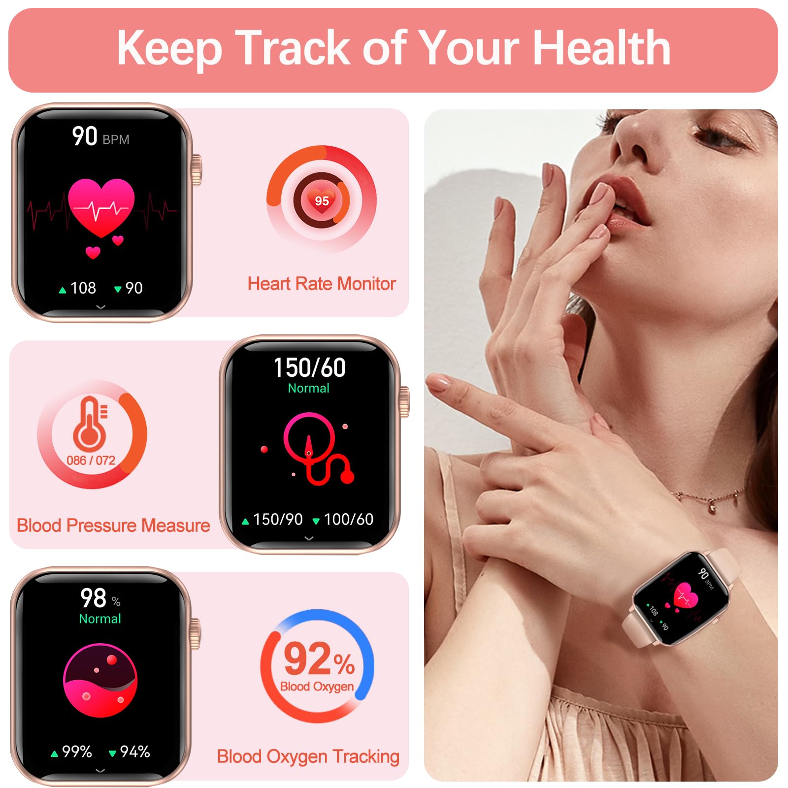 Smart Watch for Women with Call & Text Notifications, Fitness Tracker with Heart Rate & Blood Pressure Monitor - 1.96