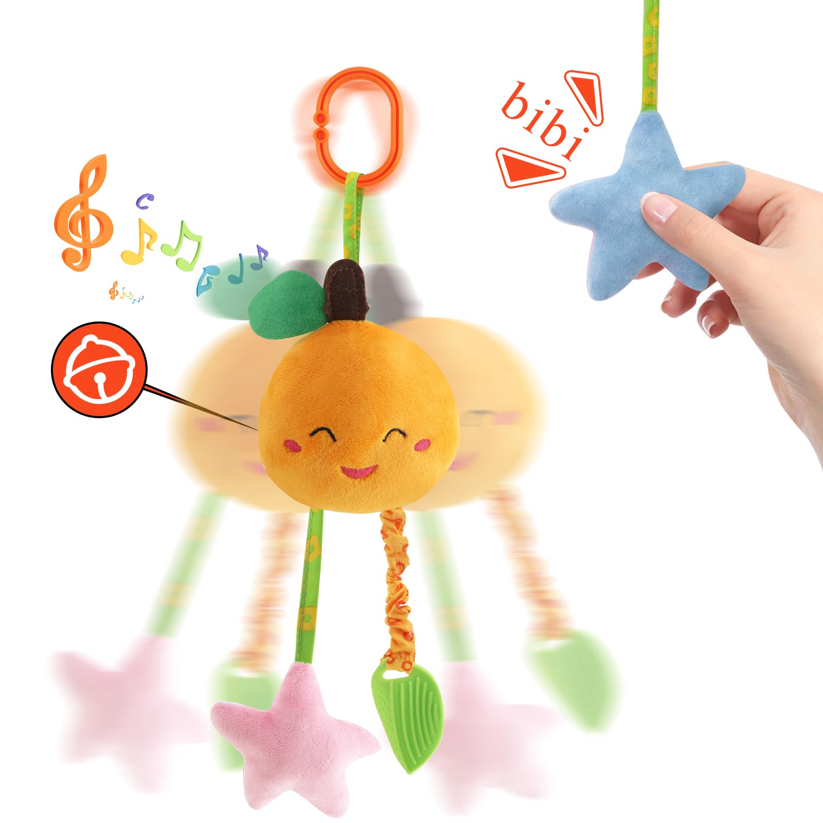KAKIBLIN 4 Pack Baby Hanging Rattle Toys - Soft Squeaky Teether Toys for Newborns 0-12 Months | Car Seat, Stroller & Crib Activity Toys for Boys & Girls | Fruit-Themed Developmental Toys for Travel & Playtime