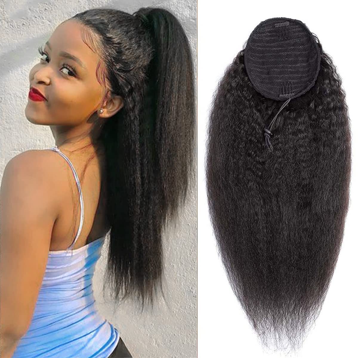 20 Inch Kinky Straight Brazilian Human Hair Ponytail Extensions - 10A Grade Natural Black Yaki Straight Drawstring Ponytail Hairpiece for Black Women | Perfect for Daily Wear, Parties & Special Occasions