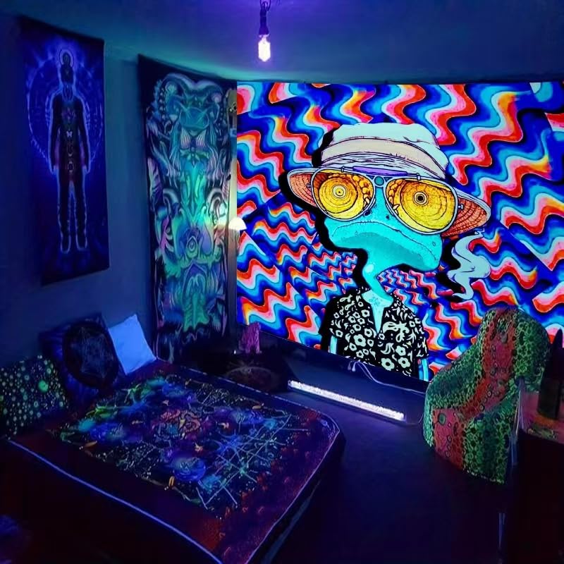 ADDWel Blacklight Frog Tapestry - Glow in The Dark UV Reactive Wall Hanging for Bedroom, Dorm & Living Room | Hippie Alien Design for Black Light Parties & Psychedelic Decor