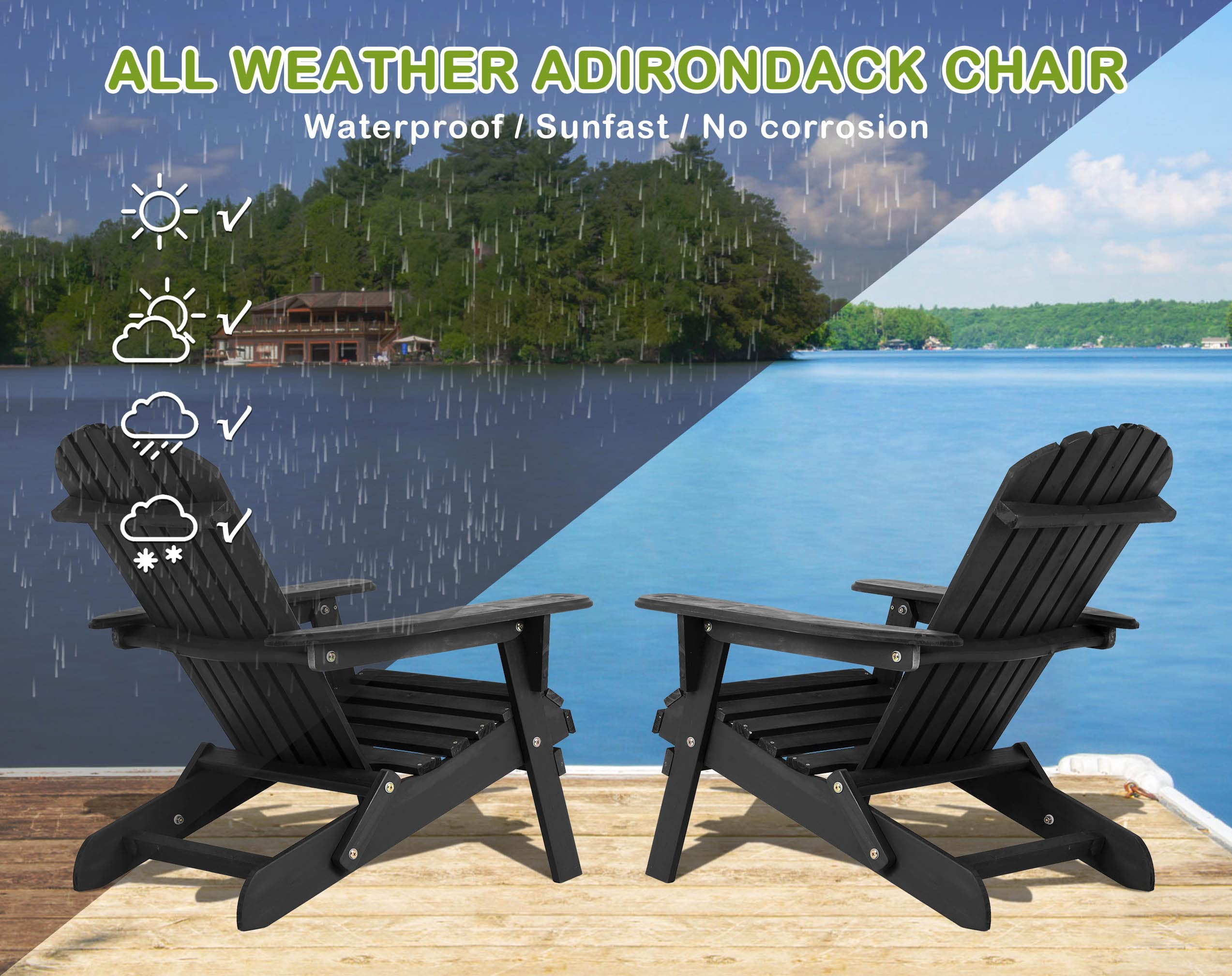 2-Pack Weather-Resistant Folding Adirondack Chairs - Modern Outdoor Patio Furniture for Backyard, Garden, Pool Deck & Fire Pit - Durable Black Lawn Chairs for Relaxing in Sun or Shade
