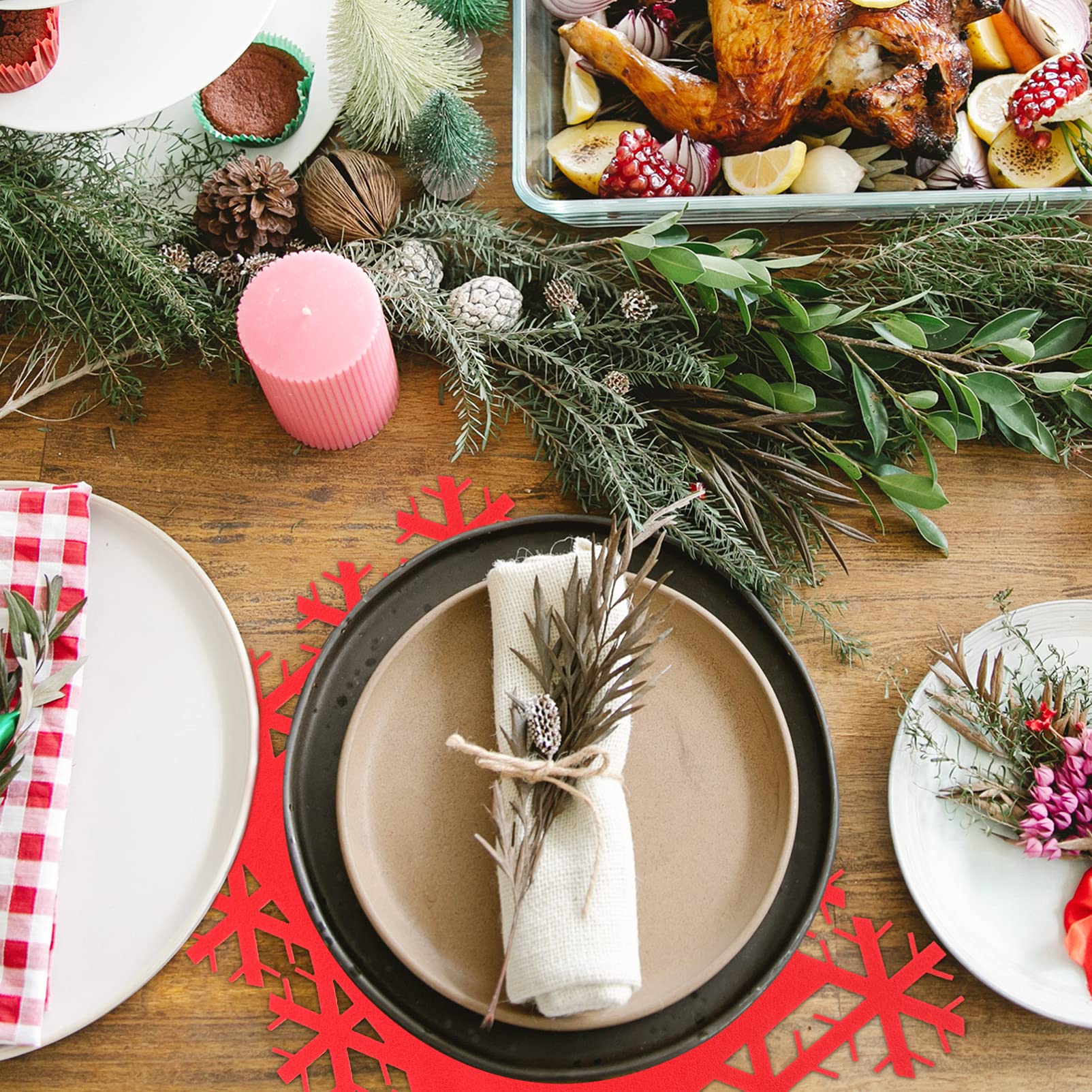 12pcs Christmas Felt Placemats Set - Holiday Bowl Pads & Table Runner for Xmas Dinner Decorations, Red Festive Table Mats with Cup Holder Pads - Perfect for Christmas Parties, Family Gatherings & Holiday Home Decor