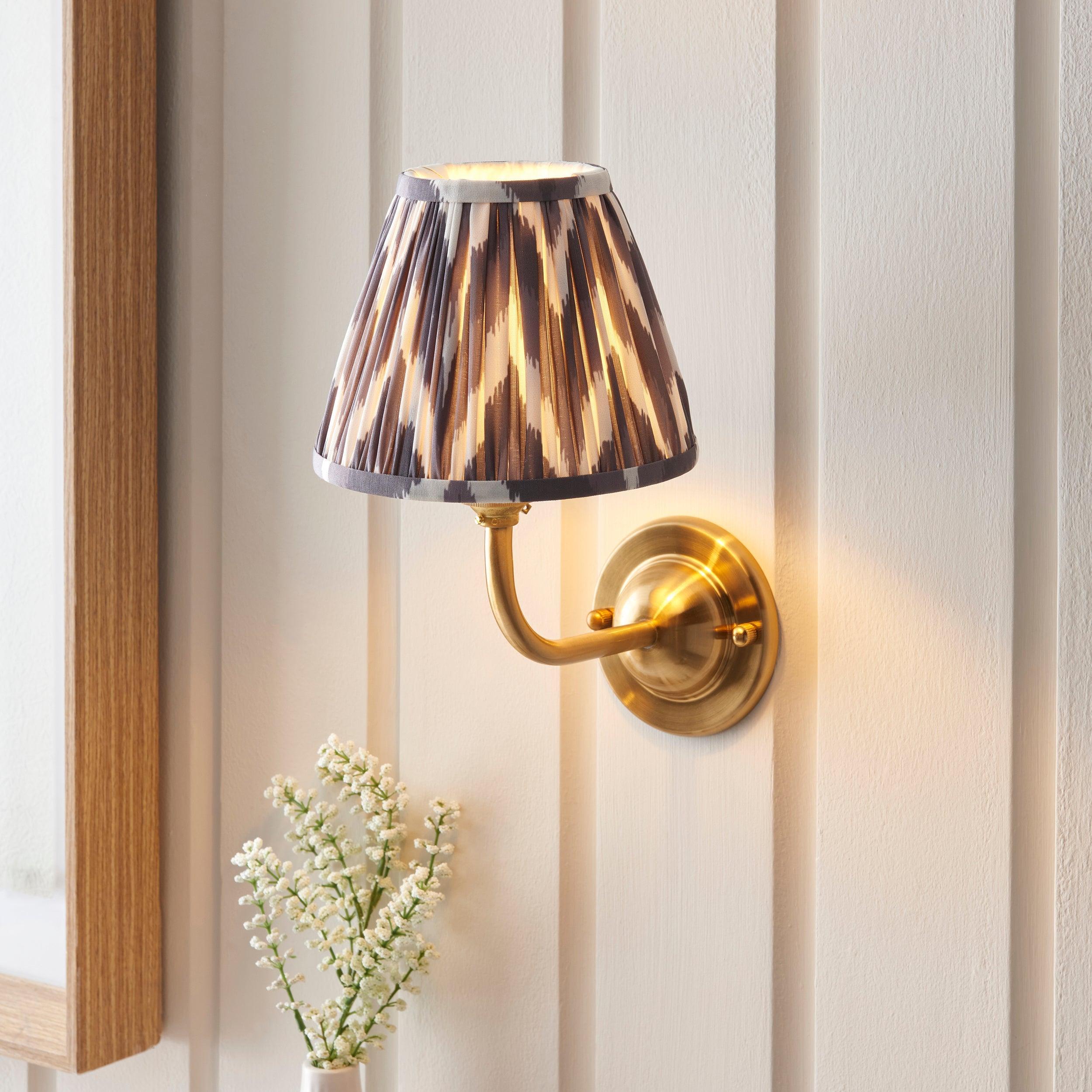 Brass Dome Arc Wall Light with 16cm Zigzag Pearl Grey Shade - Vintage Industrial Lighting for Living Room, Bedroom & Hallway