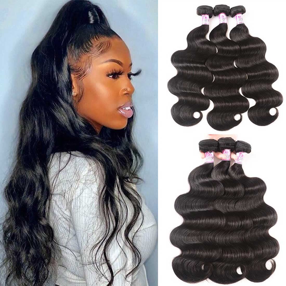 Beauty Forever Indian Body Wave Hair Extensions - 3 Bundles 100% Unprocessed Virgin Human Hair Weaves, Natural Color (20 22 24 Inch) 95-100g per Bundle | Perfect for Weddings, Parties & Daily Styling
