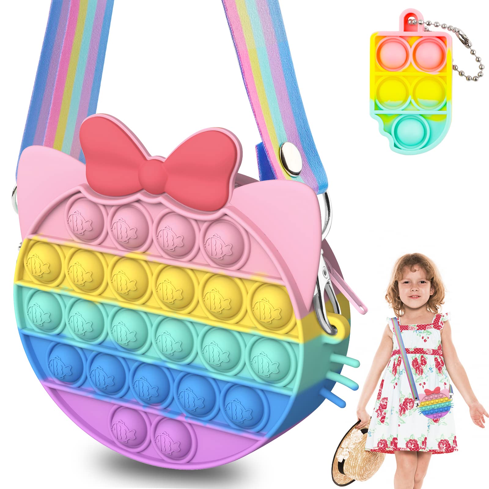**Pop It Fidget Purse for Girls & Boys - Adjustable Strap Silicone Rainbow Crossbody Bag - Sensory Stress Relief Toy for Kids, Women & Toddlers - Perfect for School, Travel & Anxiety Relief (Cat Design)**