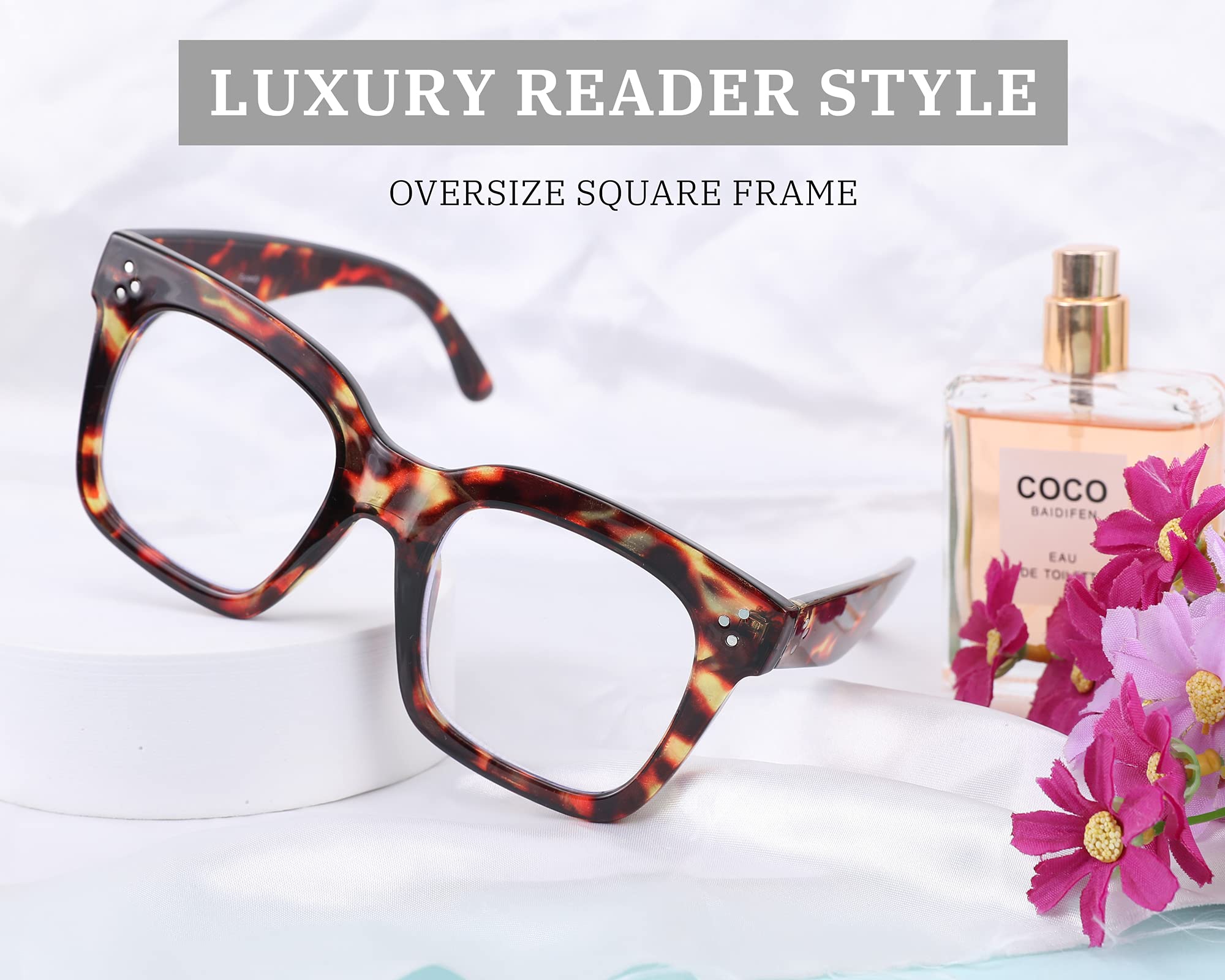 FEISEDY Blue Light Blocking Reading Glasses - Oversized Square Frame with Anti-Glare Coating - Luxury Designer Eyewear for Women & Men (B2695FR) - Perfect for Computer Work, Reading & Screen Time Protection