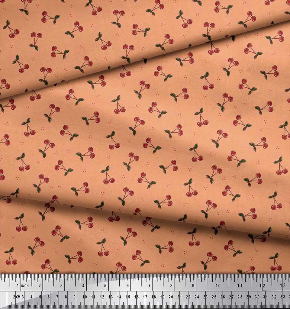 Soimoi Cotton Cambric Orange Fabric by The Yard - 56 Inch Wide - Dots, Leaves & Cherry Print Material for DIY Crafts, Quilting, Dressmaking & Home Decor