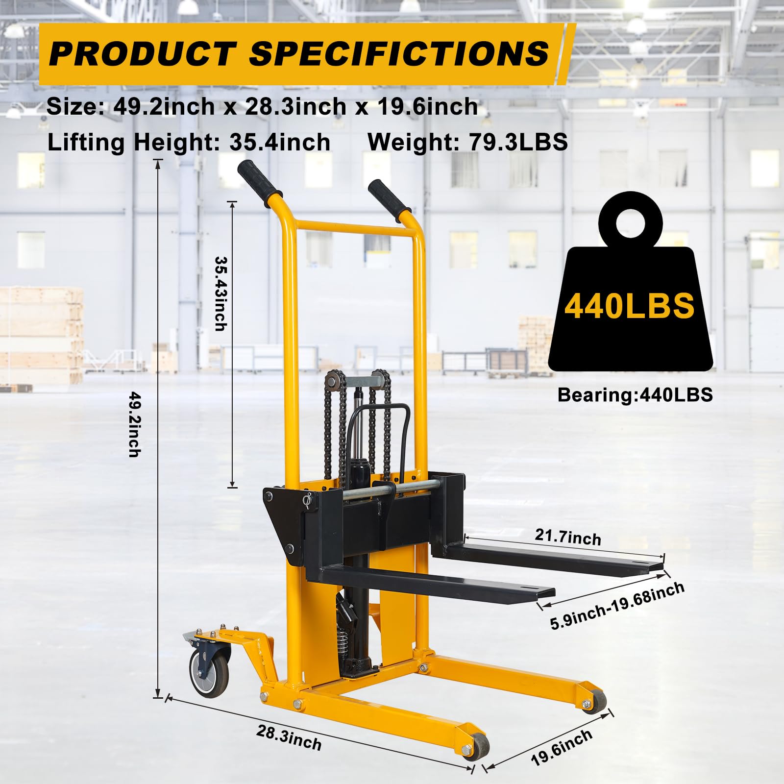 Foldable Hydraulic Pallet Lift Truck - 450 lbs Capacity Manual Stacker with Adjustable Forks & Fixed Legs | 36