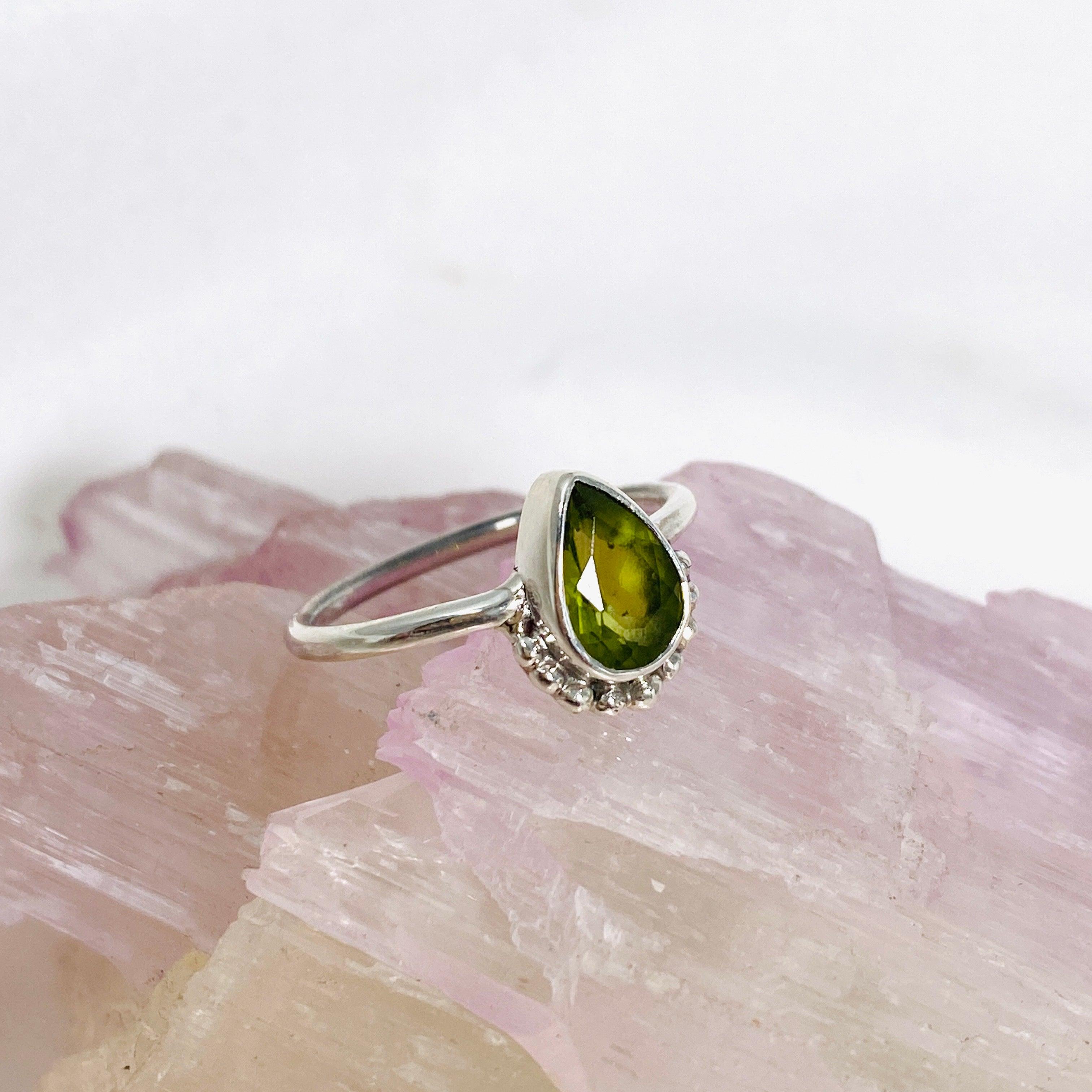 Peridot Teardrop Faceted Fine Band Ring - 14K Gold Plated Dainty Jewelry for Women - Perfect for Weddings, Anniversaries & Everyday Elegance