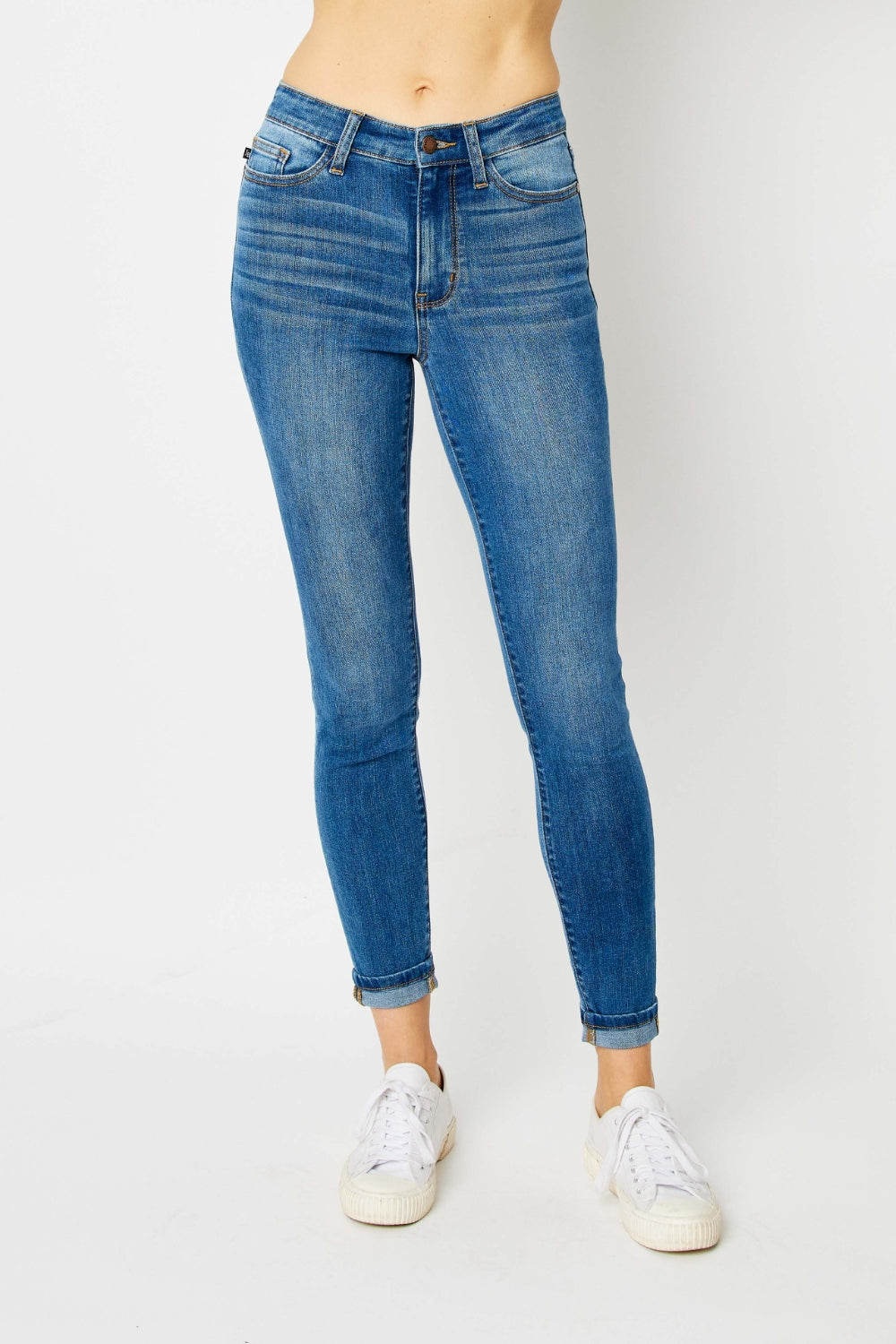 Judy Blue Women's Cuffed Hem Skinny Jeans - High Waist Stretch Denim Pants for Everyday Wear & Casual Outfits
