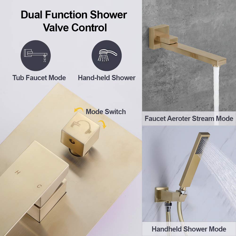 Solid Brass Wall Mounted Bathtub Faucet with 180° Swivel Handheld Shower - Modern Single Handle Bathroom Tub Filler Set in Brushed Gold Finish | Perfect for Spa-Like Bathing Experience and Small Bathroom Spaces
