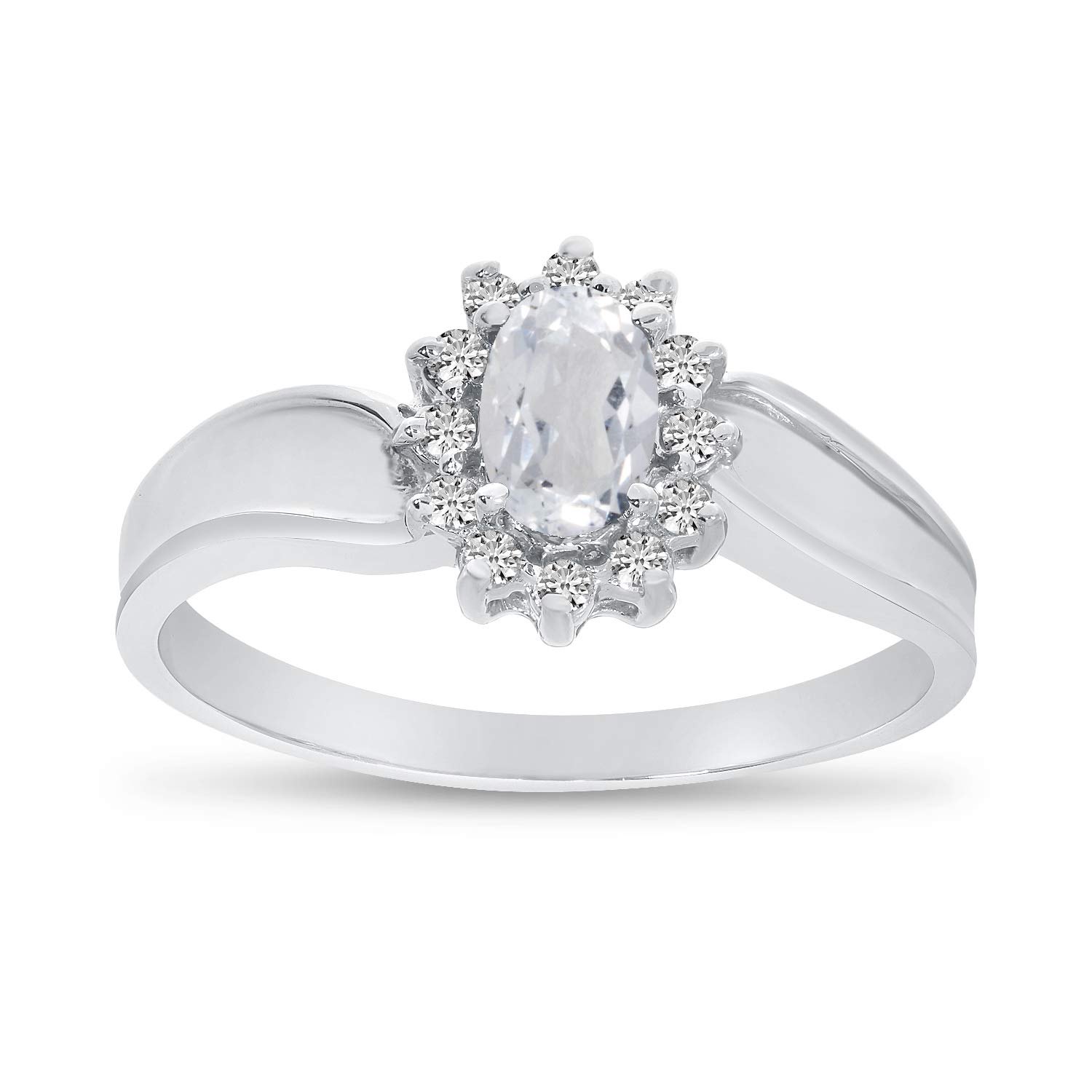14K White Gold Oval White Topaz and Diamond Ring for Women - Size 6 | Elegant Bridal, Anniversary, or Engagement Jewelry Gift