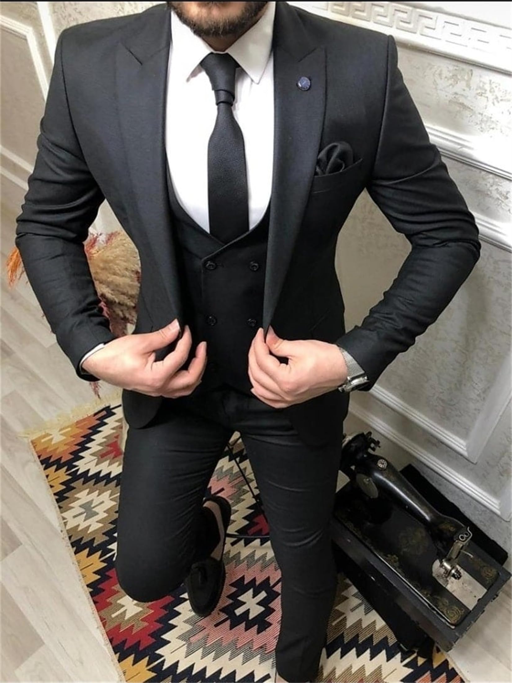 Double Breasted 3 Piece Men's Suit Set - Slim Fit Peak Lapel One Button Blazer with Vest & Pants | Formal Business Attire for Wedding, Office & Special Occasions