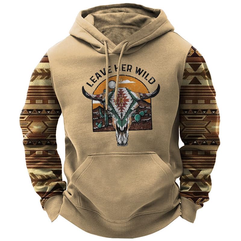 **Men's Western Aztec Pullover Hoodie with USA Flag & Deer Graphic - Drawstring Pocket Sweatshirt for Casual Wear, Outdoor Adventures & Street Style**