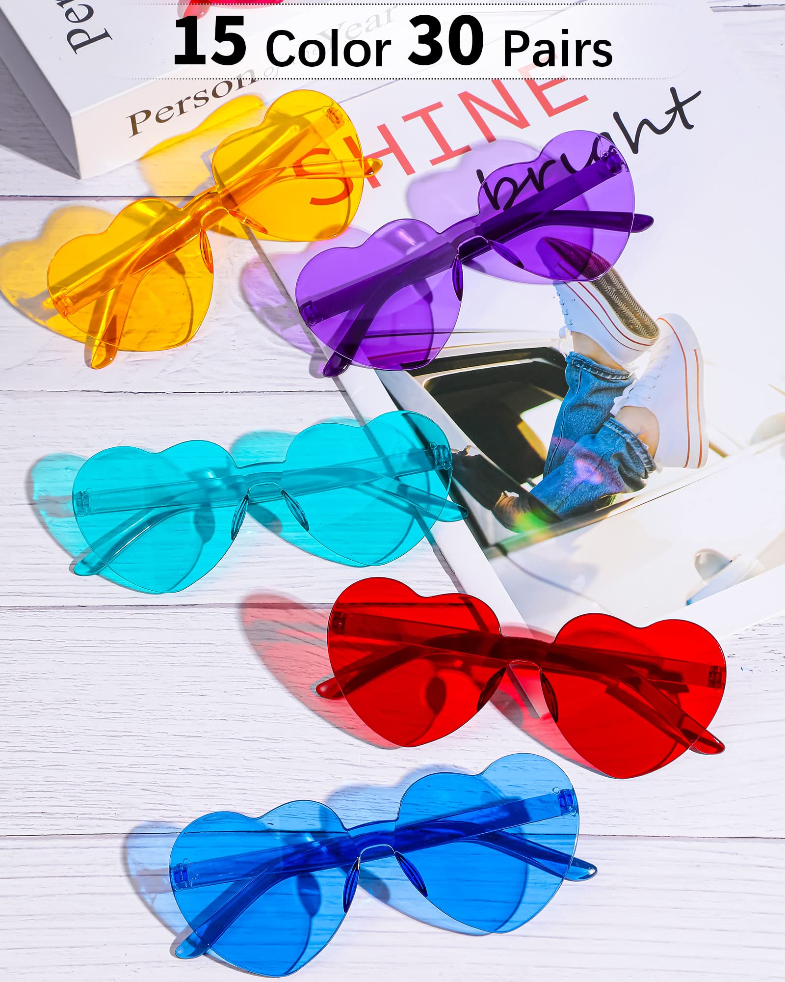 WeeWooday 30 Pairs Heart Shaped Rimless Sunglasses - Trendy Transparent Candy Color Tinted Eyewear for Women & Girls | Perfect for Parties, Festivals, Gifts & Photo Props