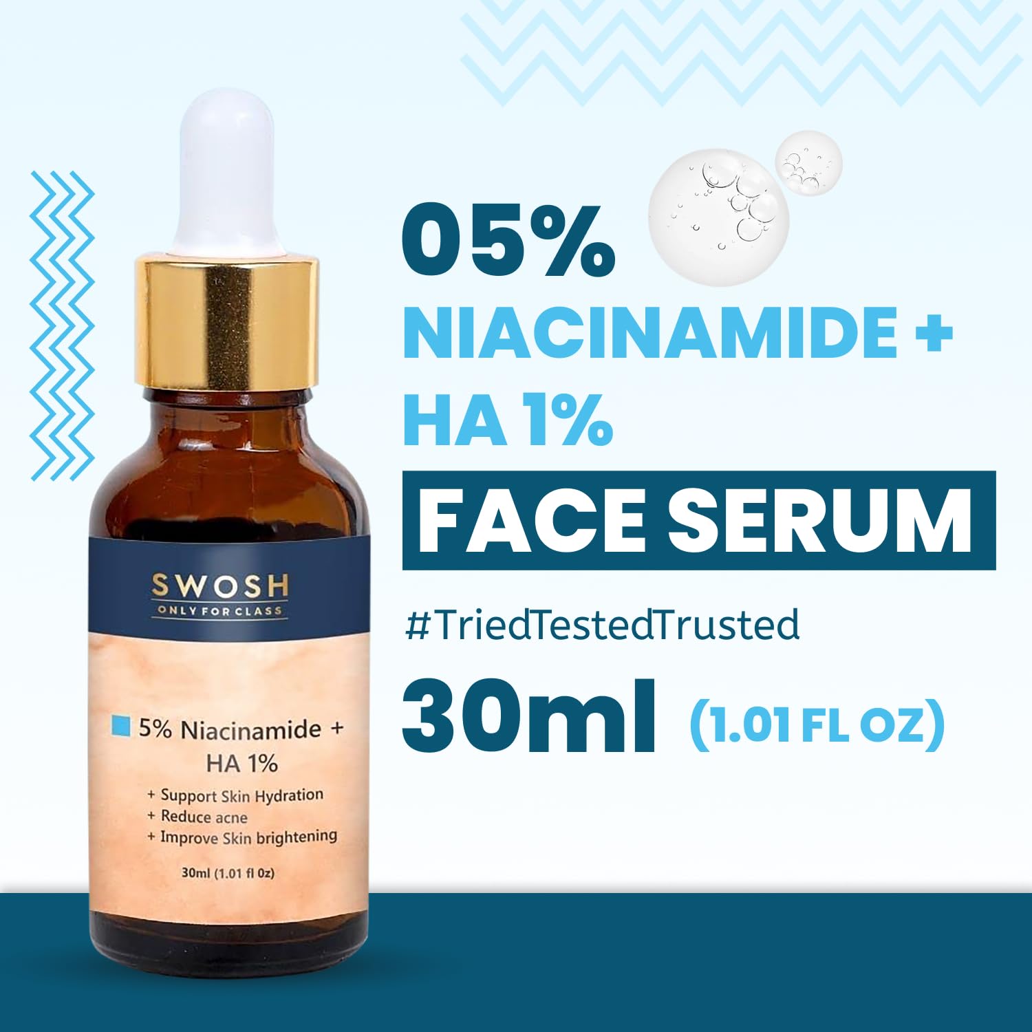 SWOSH 5% Niacinamide + 1% Hyaluronic Acid Face Serum (30ml) - Anti-Acne Treatment for Oily & Pimple-Prone Skin | Brightening, Moisturizing & Hydrating Formula | Perfect for Daily Skincare Routine & Blemish Control