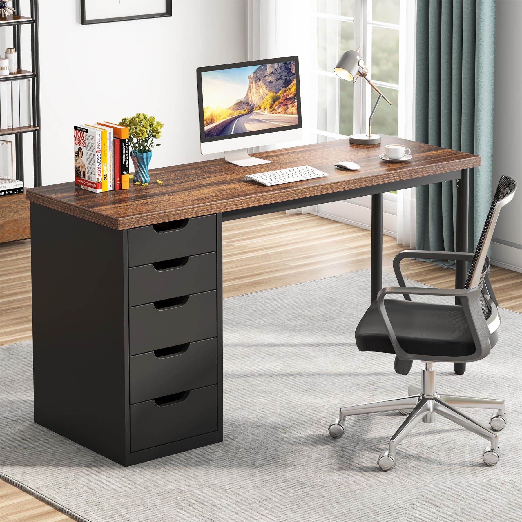 Tribesigns 47-inch Rustic Brown Computer Desk with 5 Drawers - Modern Home Office Desk with Storage, Space-Saving Laptop Study Writing Table for Small Spaces (Brown+Black) - Perfect for Home Office, Dorm Room & Small Apartments