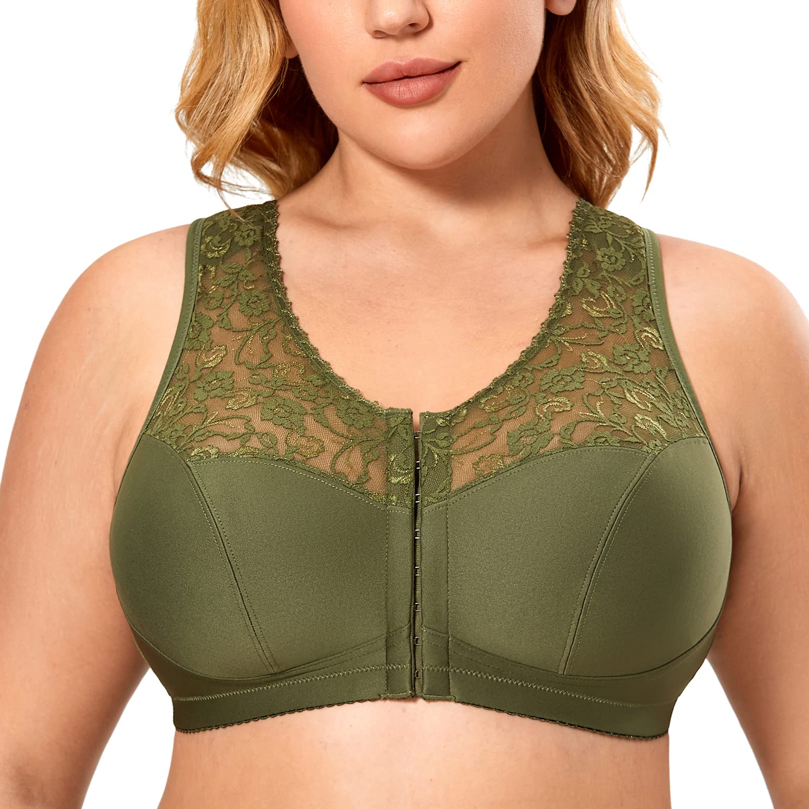 DELIMIRA Women's Front Closure Wireless Bras - Plus Size Full Coverage Racerback Lace Bra for Comfort & Support | Perfect for Everyday Wear, Yoga & Lounge