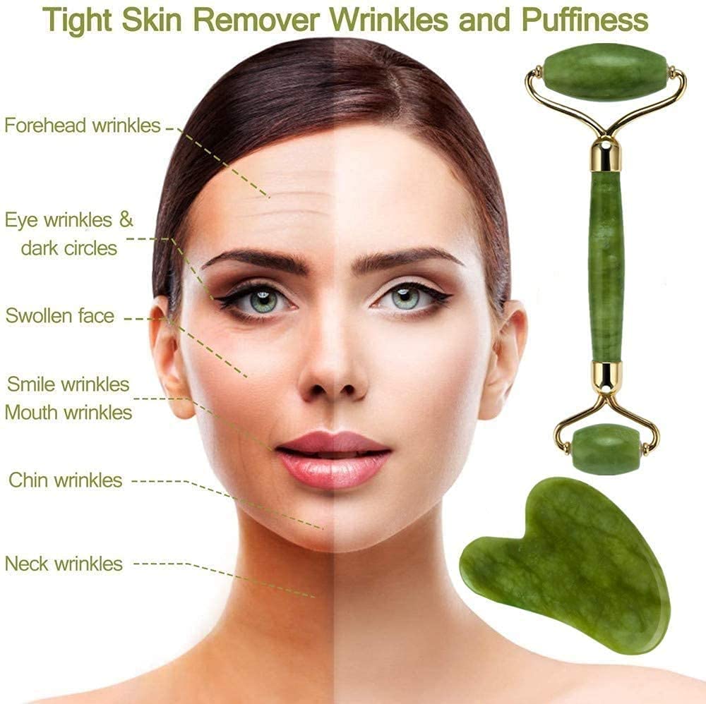 Premium Jade Roller & Gua Sha Set - Natural Facial Massage Tools for Skin Care, Anti-Aging, Wrinkle Reduction - Relaxing Face, Eye & Neck Massager for Glowing Skin - Perfect for Daily Skincare Routine & Spa Day at Home