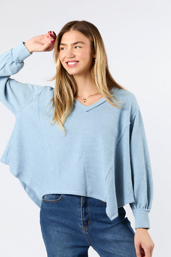 Never Say Never Dusty Blue Ribbed Knit V-Neck Long Sleeve Top for Women | Soft Stretch Casual Shirt | Perfect for Work, Date Night & Everyday Wear
