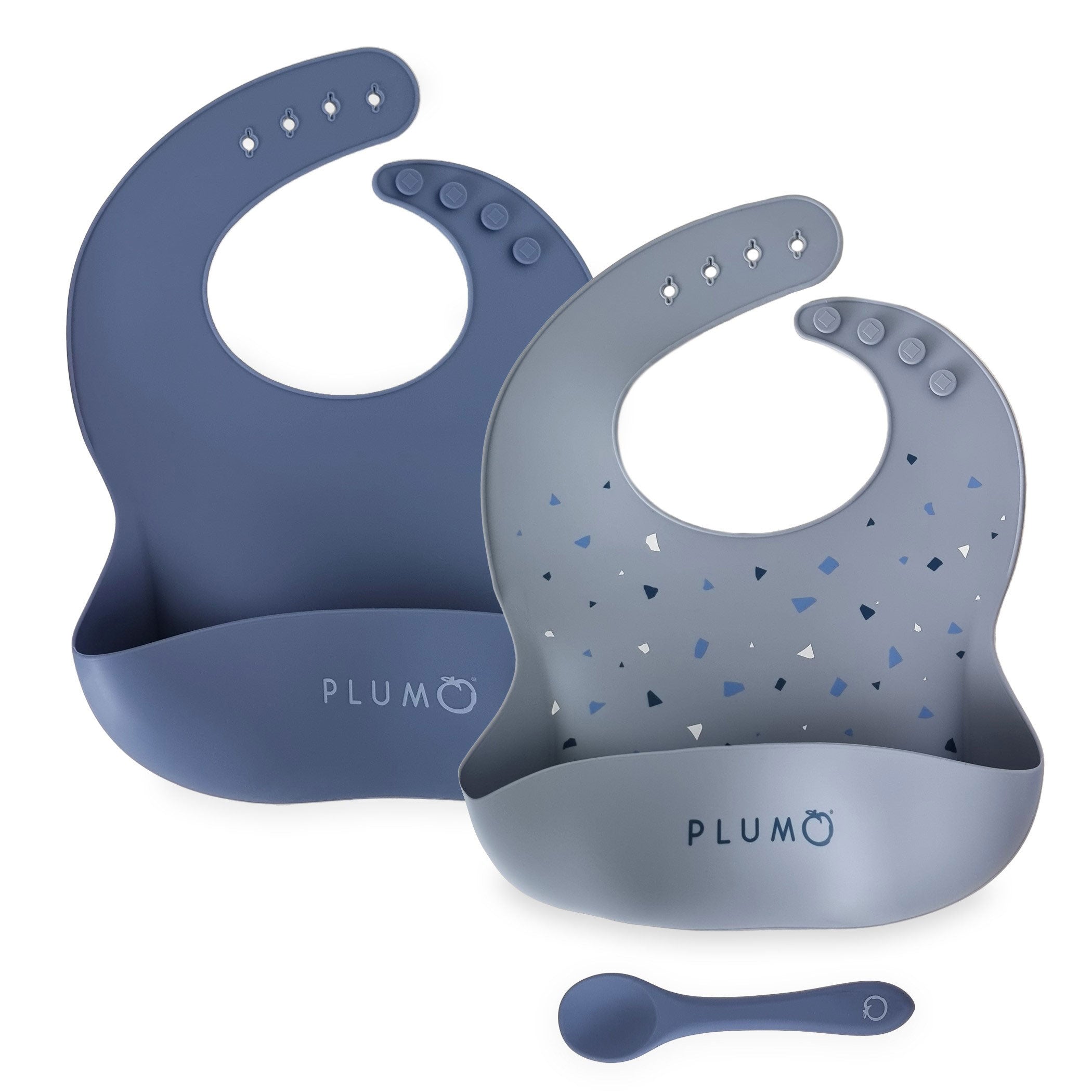 PLUM 3 Piece Silicone Baby Bib and Spoon Set - Steel Blue/Denim - Perfect for Messy Mealtime, Baby Led Weaning & On-the-Go Feeding