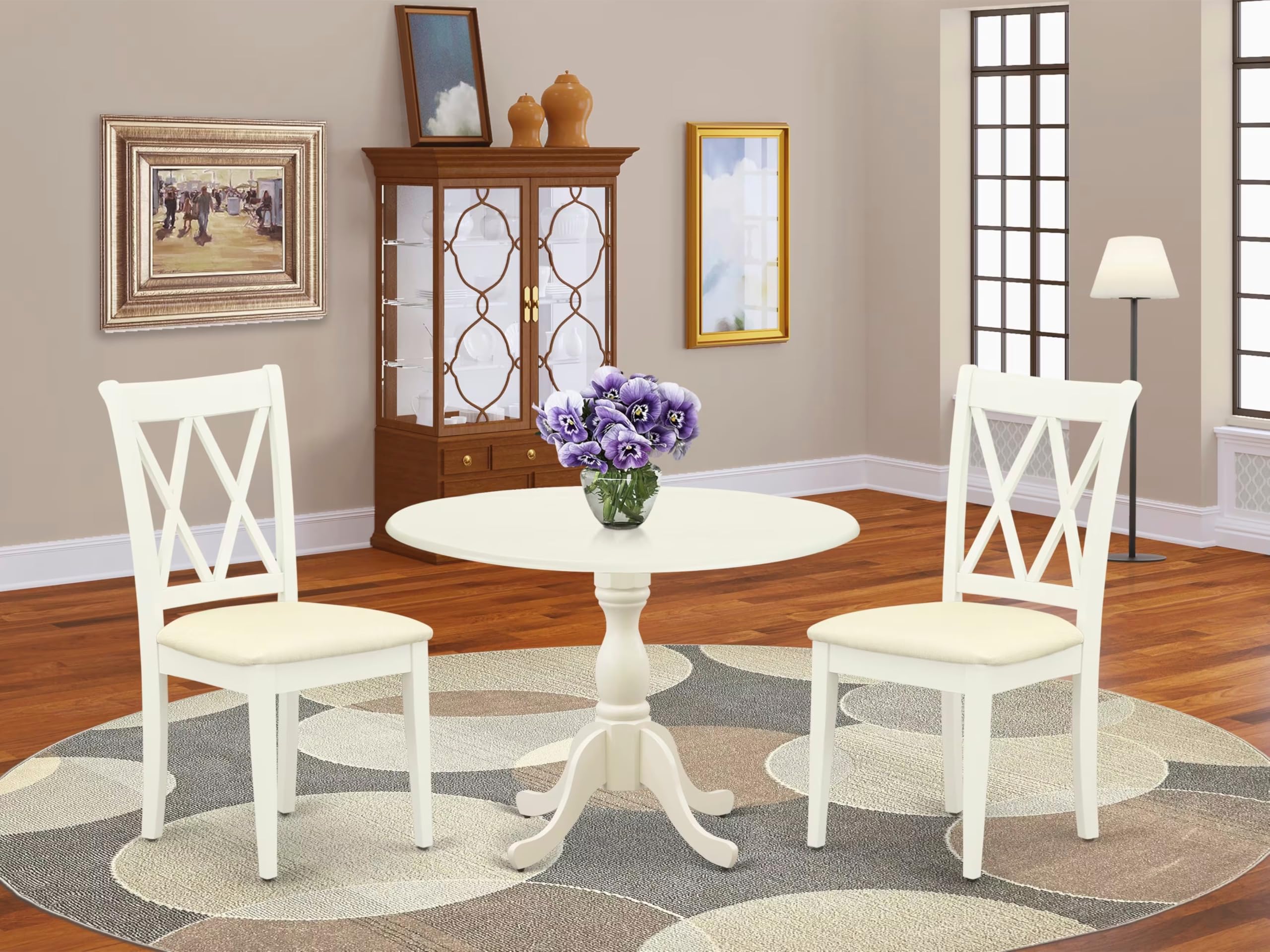 East West Furniture DMCL3-LWH-C 3-Piece Round Kitchen Table Set with Drop Leaf & 2 Upholstered Chairs - Space Saving Dining Set for Small Spaces, 42x42 Inch, Linen White - Perfect for Apartments, Breakfast Nooks & Cozy Dining Areas