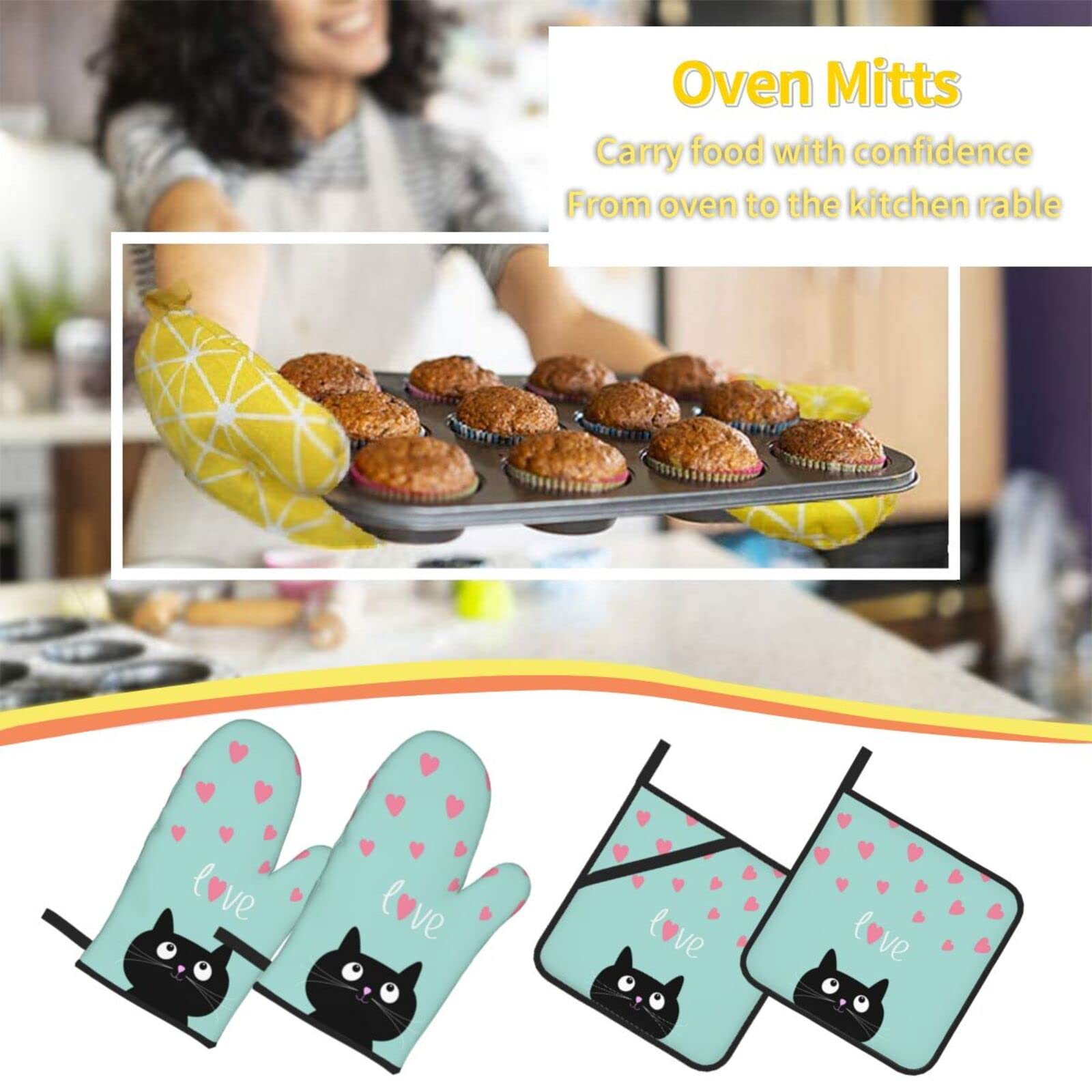 Funny Black Cat Oven Mitts and Pot Holders Set - 4pcs Heat Resistant Kitchen Gloves for Baking, Cooking, BBQ & Grilling - Perfect Gift for Cat Lovers & Home Chefs