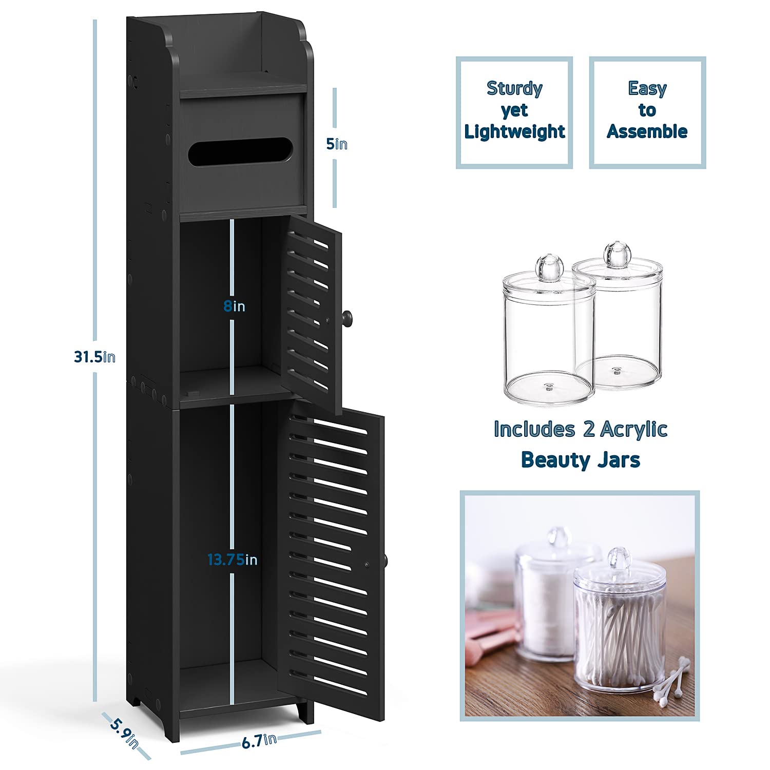 StorageBud Tall Bathroom Storage Organizer Cabinet with Shelves & 2 Apothecary Jars - Floor Standing Organizer for Toilet Paper, Towels & Bath Accessories - Space Saving Bathroom Storage Solution for Small Spaces - Black