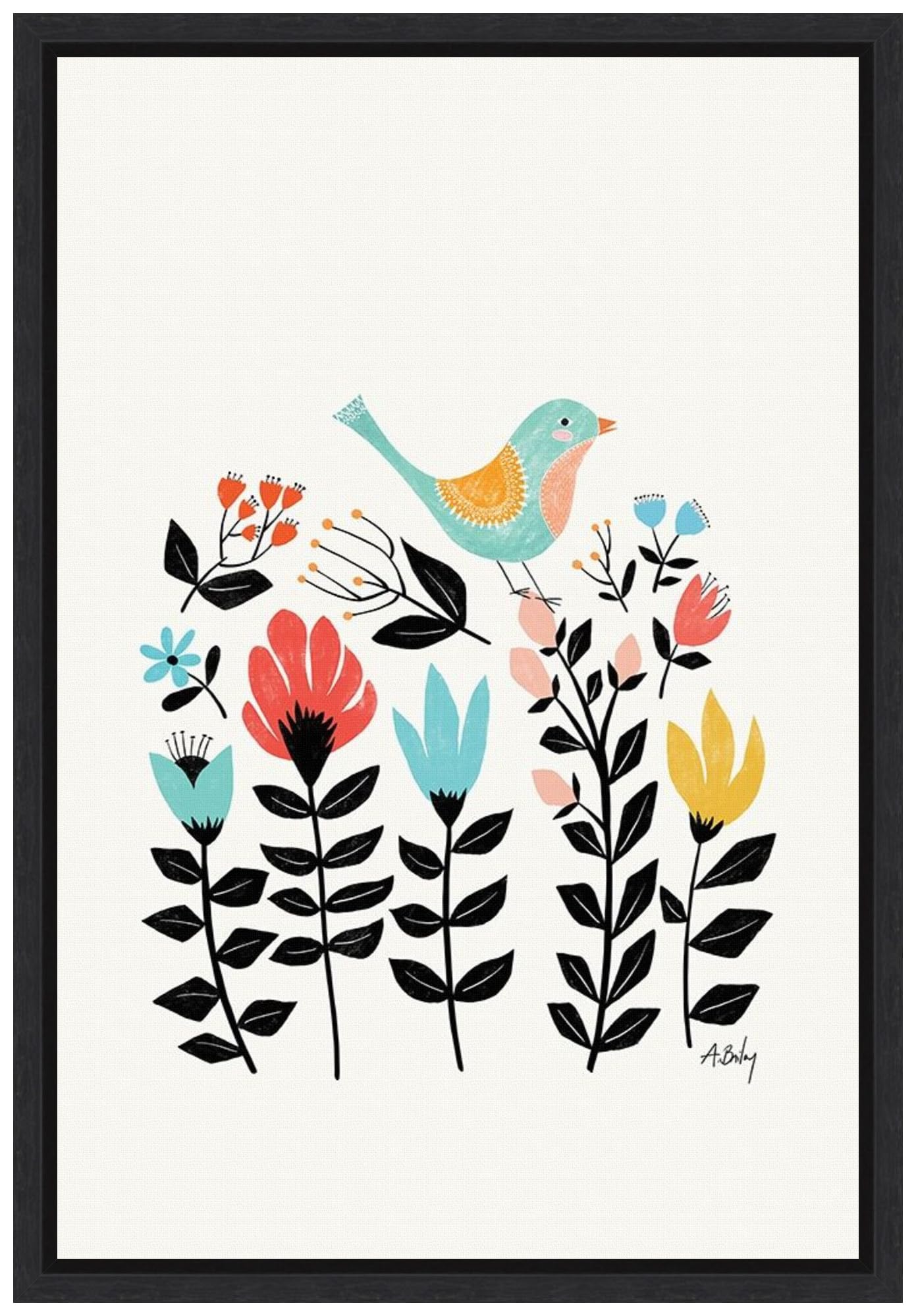 Amanti Art Framed Canvas Wall Art 23x16 - Folk Art Garden Bird Painting by Annie Bailey, Handcrafted Framed Wall Decor, Modern Animal Artwork for Living Room, Bedroom, Bathroom | Perfect for Home Decor, Housewarming Gift & Interior Design