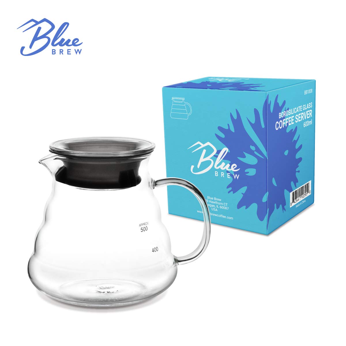Premium Blue Brew Clear Glass Coffee Server - 600ml (20oz) Heat-Resistant Carafe for Pour Over Coffee & Tea | Ideal for Home Brewing, Cafes & Office Use (BB1008)