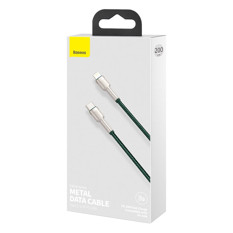 Baseus Cafule Premium 2M Green Metal Fast Charging Cable USB-C to Lightning 20W - Perfect for iPhone, iPad & Quick Charging at Home, Office or Travel