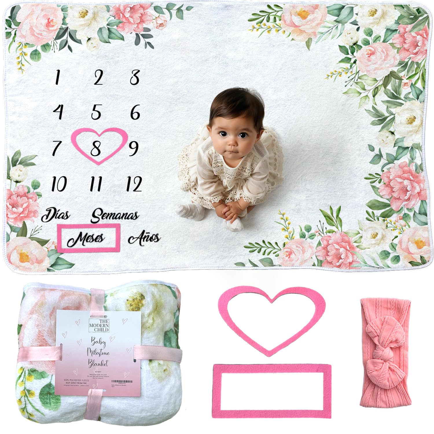 Baby Monthly Milestone Blanket - Manta de Hitos Mensuales en Español para Bebé Niña y Niño - Crecimiento Personalizado del Recién Nacido - Fondo Suave para Fotografía (Floral Español) - Ideal para Sesiones de Fotos y Regalos de Baby Shower