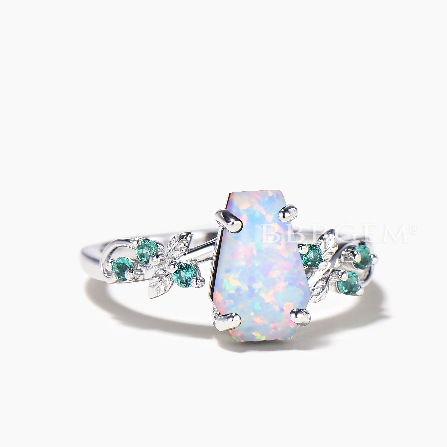 Nature Inspired Coffin Cut White Opal & Emerald Leaf Engagement Ring - Elegant Botanical Wedding Jewelry for Brides, Nature Lovers & Outdoor Ceremonies