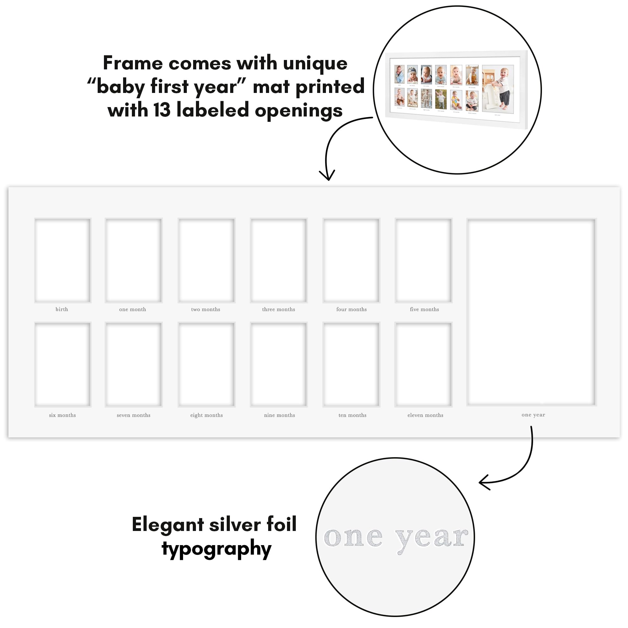 Americanflat 9x22 First Year Baby Photo Frame - Shatterproof Glass Holds Twelve 2x3 & One 5x7 Pictures - Nursery Wall Decor, Newborn Gift Idea, Baby Shower Present - Perfect for Documenting Baby's Milestones in White