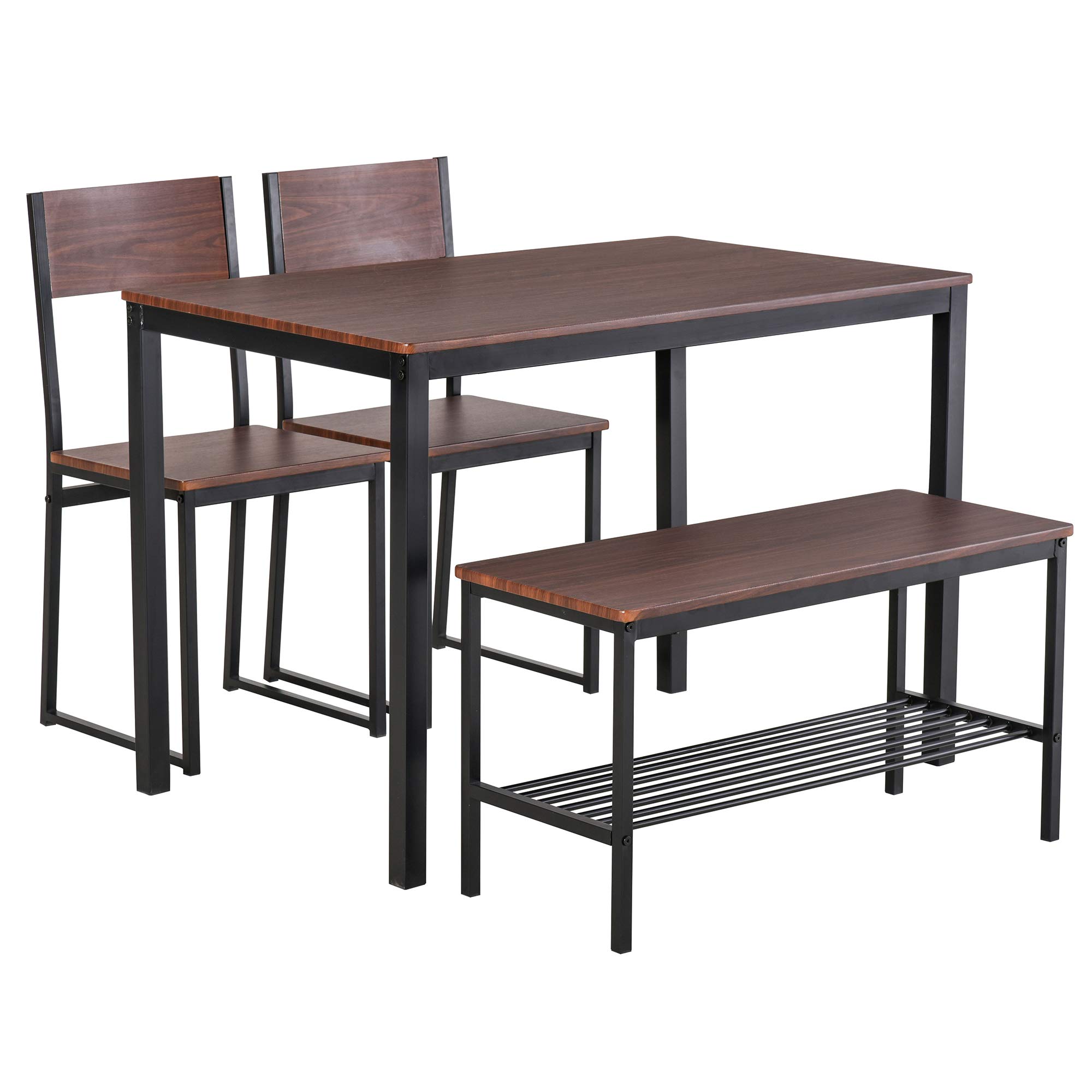 HOMCOM 4-Piece Industrial Dining Set with Bench, Wooden Kitchen Table & Chairs, Storage Rack, Black/Brown – Perfect for Kitchen, Dinette, and Small Spaces