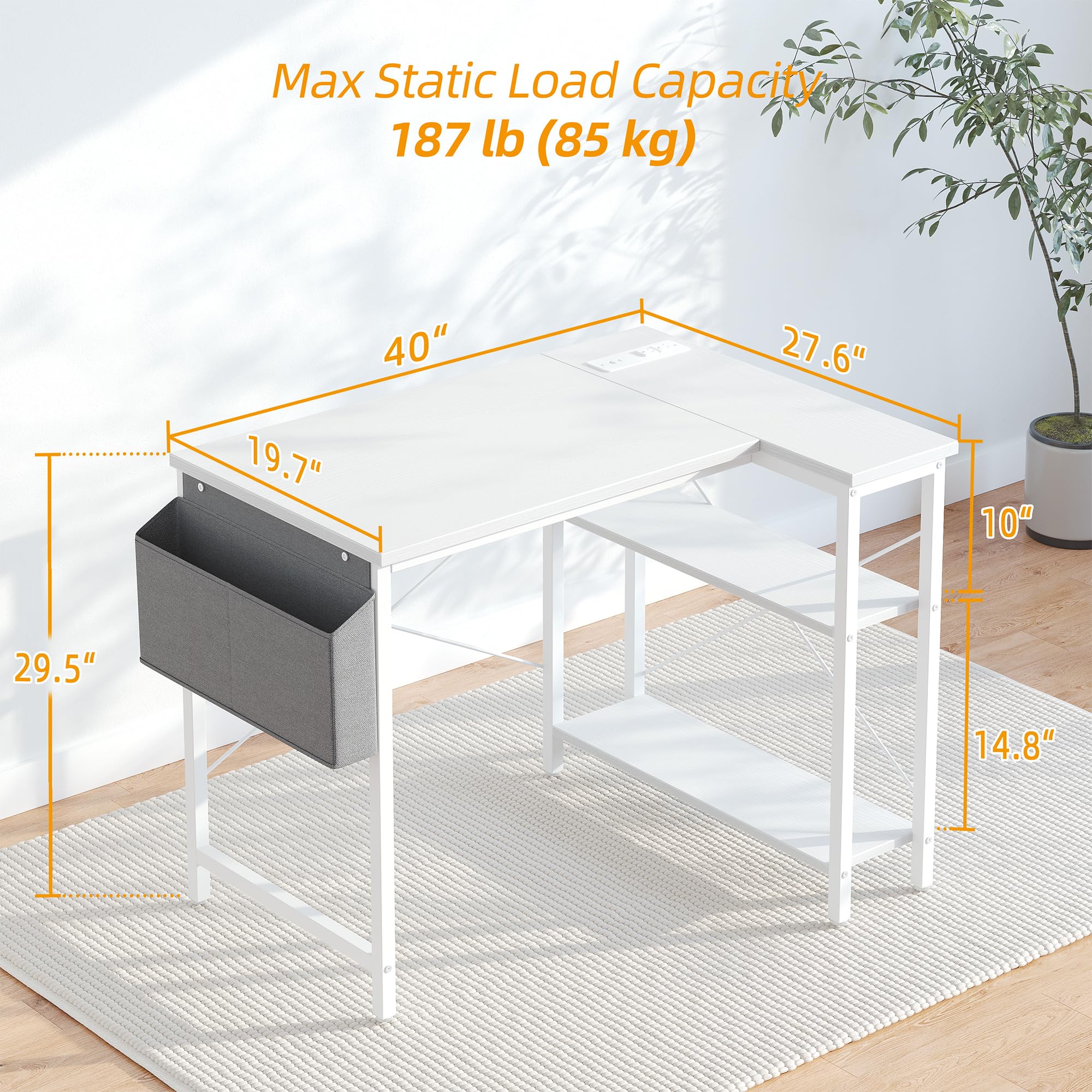 TIQLAB 40 Inch L-Shaped Computer Desk with Power Outlets & Reversible Shelves - Compact Corner Gaming Desk, Study Writing Workstation for Home Office, Bedroom & Small Spaces - White (Perfect for Remote Work, Online Classes & Gaming Setups)