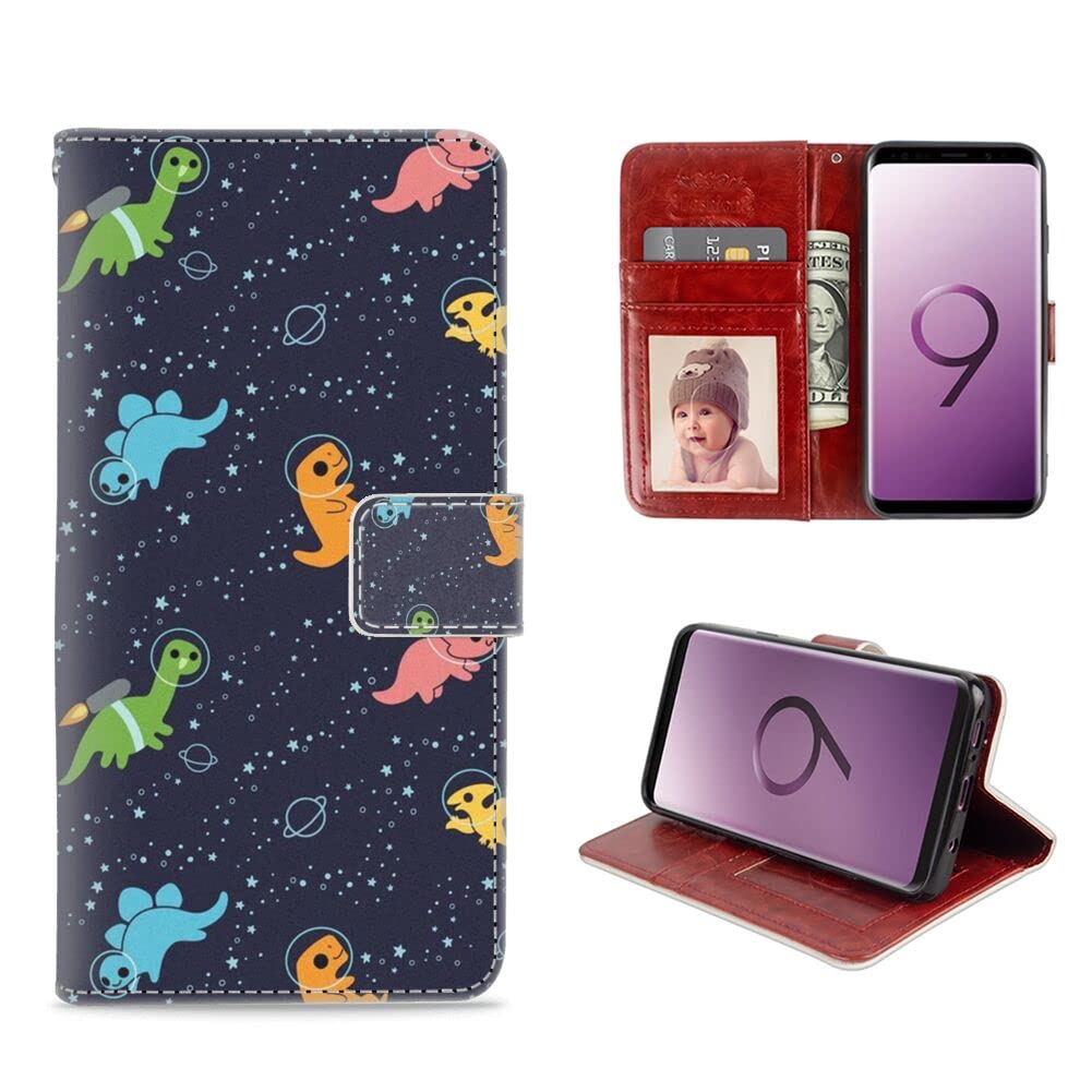 Durable PU Leather Wallet Case for Samsung Galaxy S9 Plus (6.2 Inch) - Flip Cover with Card Holder & Space Dinosaur Design - Perfect for Daily Use, Travel & Business