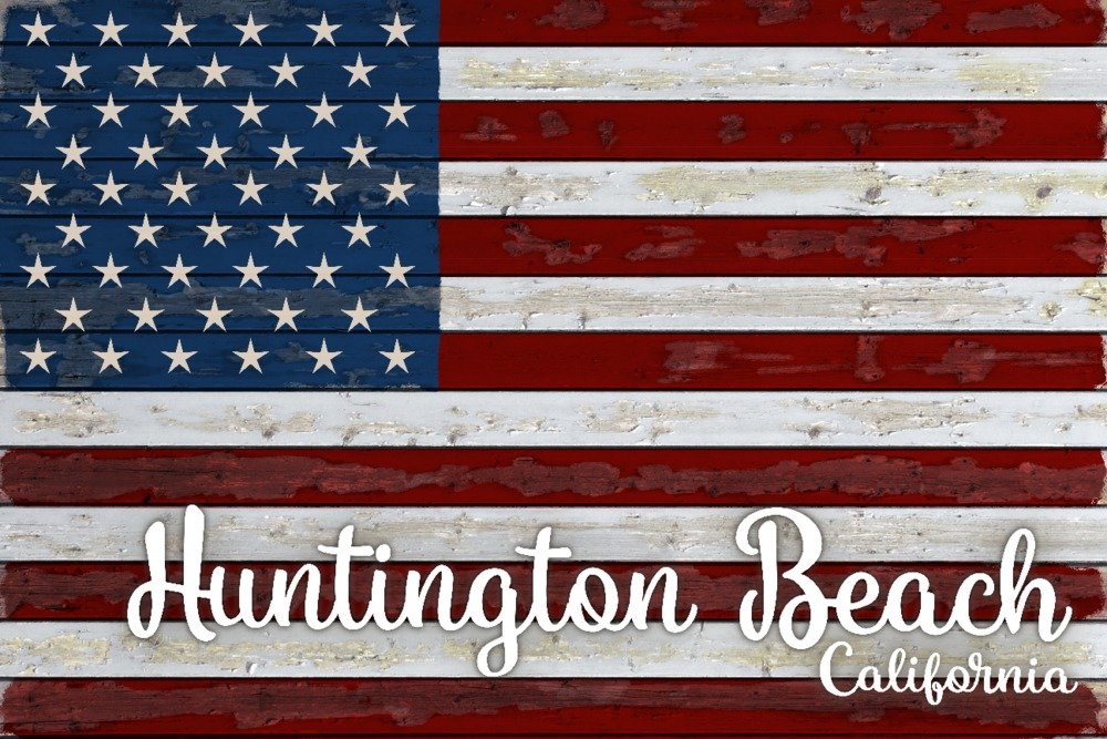 Distressed American Flag Wall Art Print - 24x36 Signed Huntington Beach California Poster, Vintage Patriotic Home Decor for Living Room, Office & Man Cave