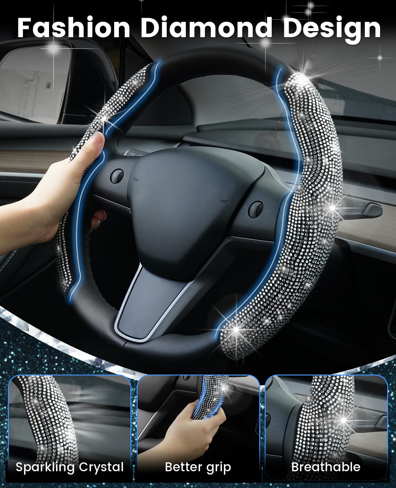 Luxury Diamond Rhinestone Steering Wheel Cover for Tesla Model 3 (2017-2023) & Model Y (2020-2023) - 2PCS Non-Slip Sparkling Car Accessories | Perfect for Women's Gift, Date Night & Luxury Driving Experience